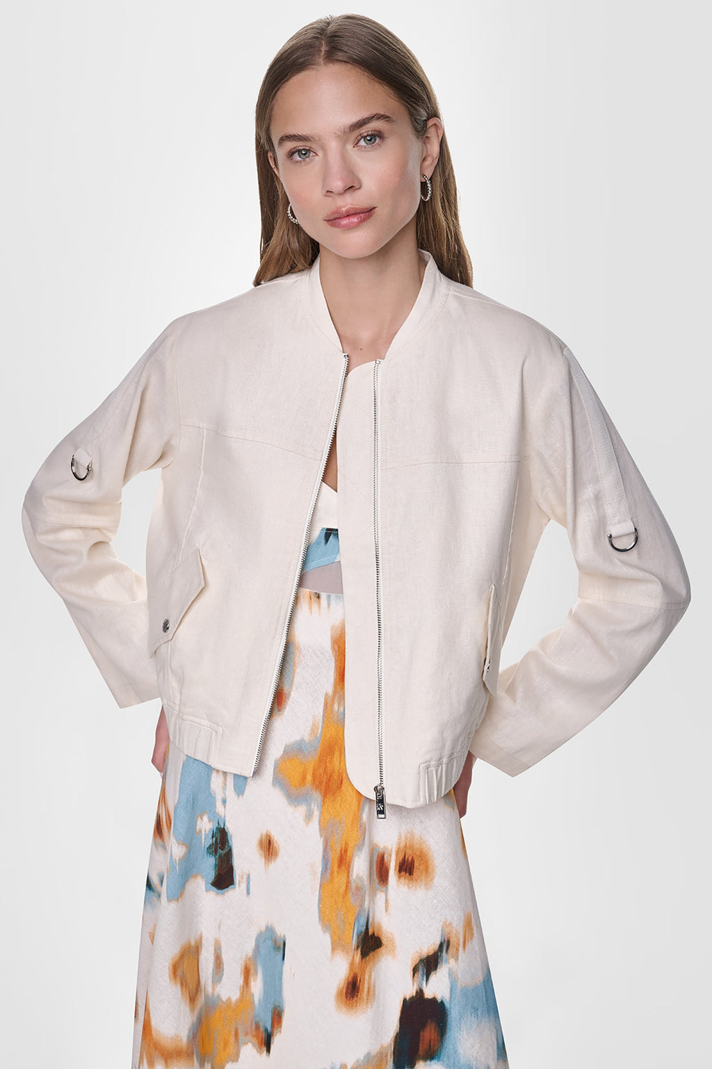 LINEN-BLEND ROLL-TAB SLEEVE BOMBER JACKET