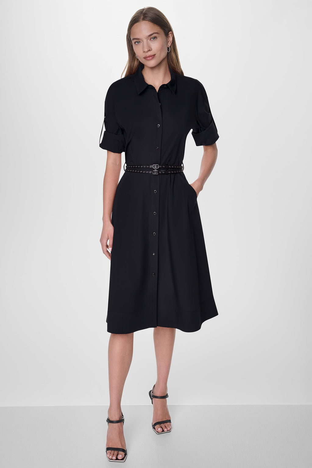 ROLL TAB BELTED POPLIN DRESS