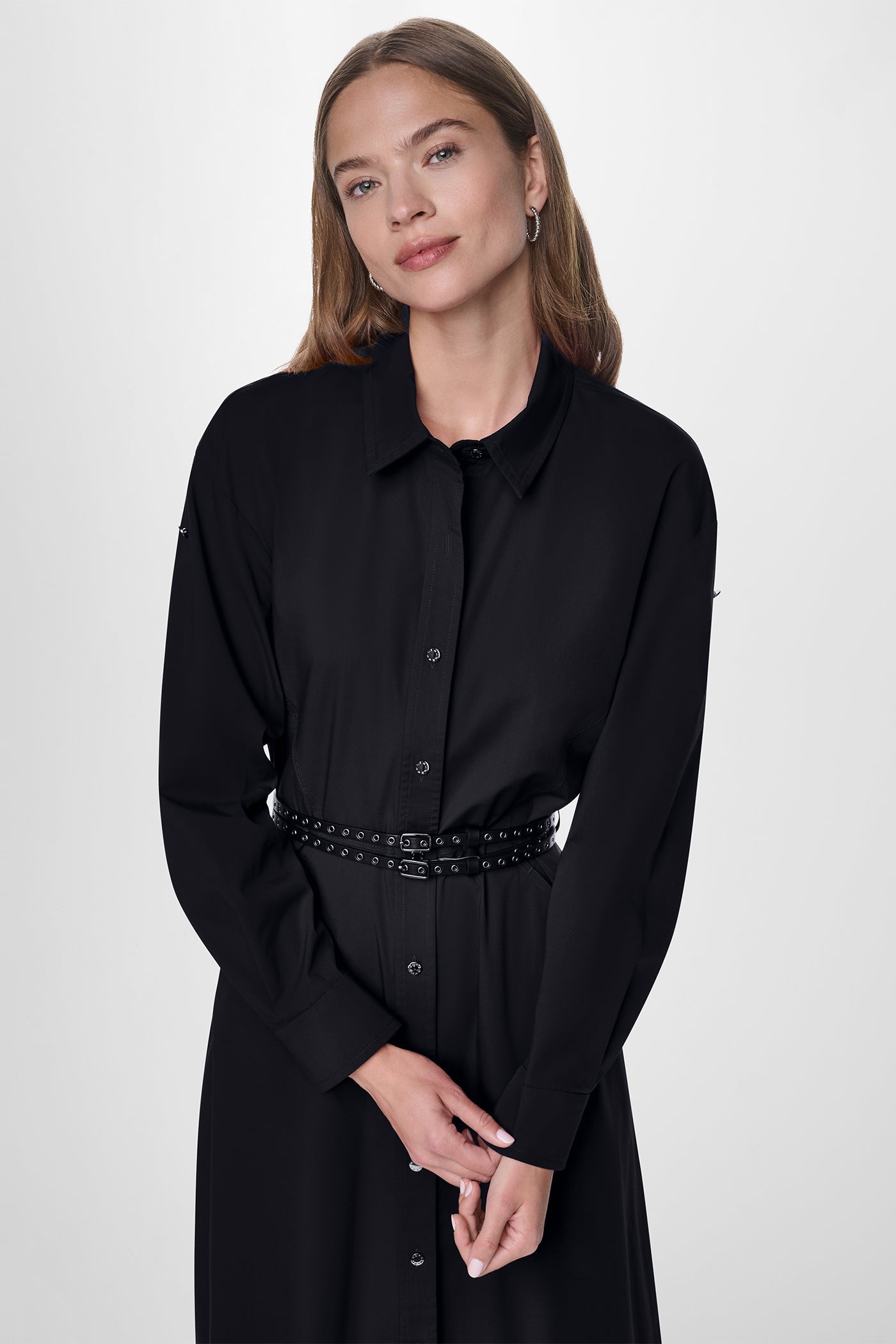 ROLL TAB BELTED POPLIN DRESS