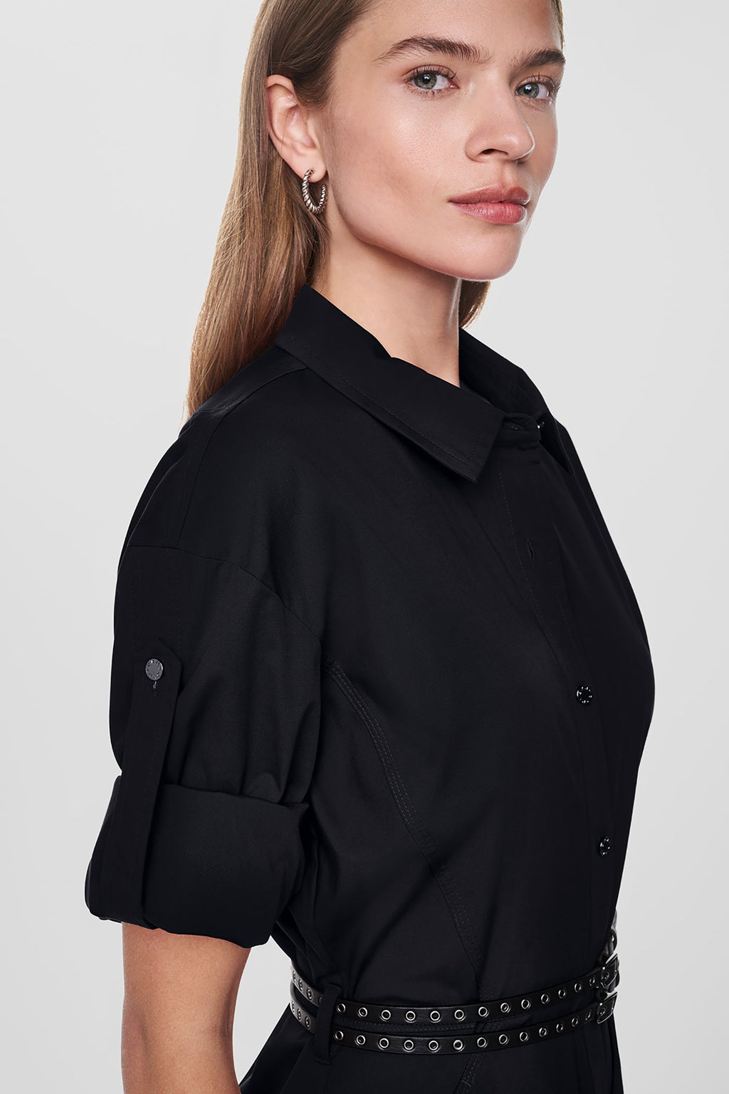 ROLL TAB BELTED POPLIN DRESS