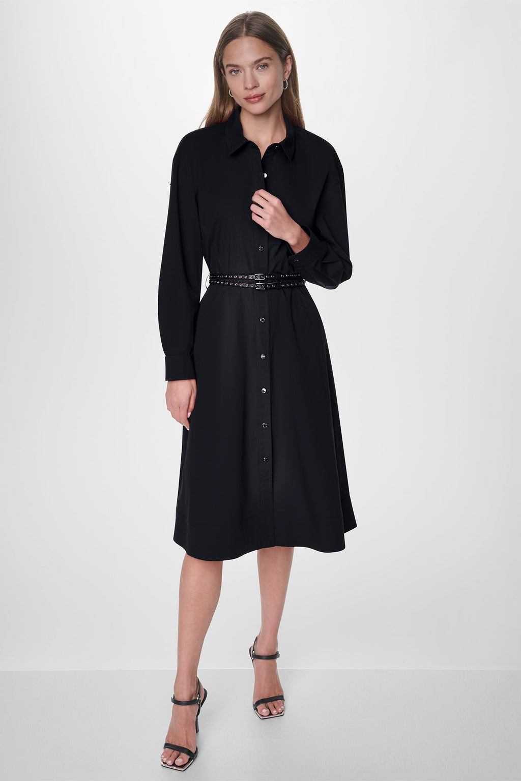 ROLL TAB BELTED POPLIN DRESS