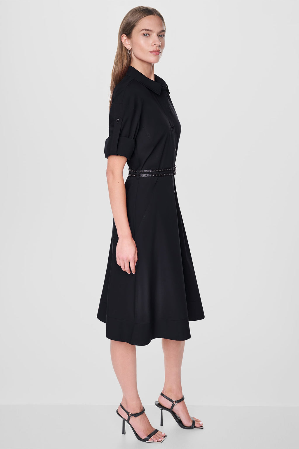 ROLL TAB BELTED POPLIN DRESS
