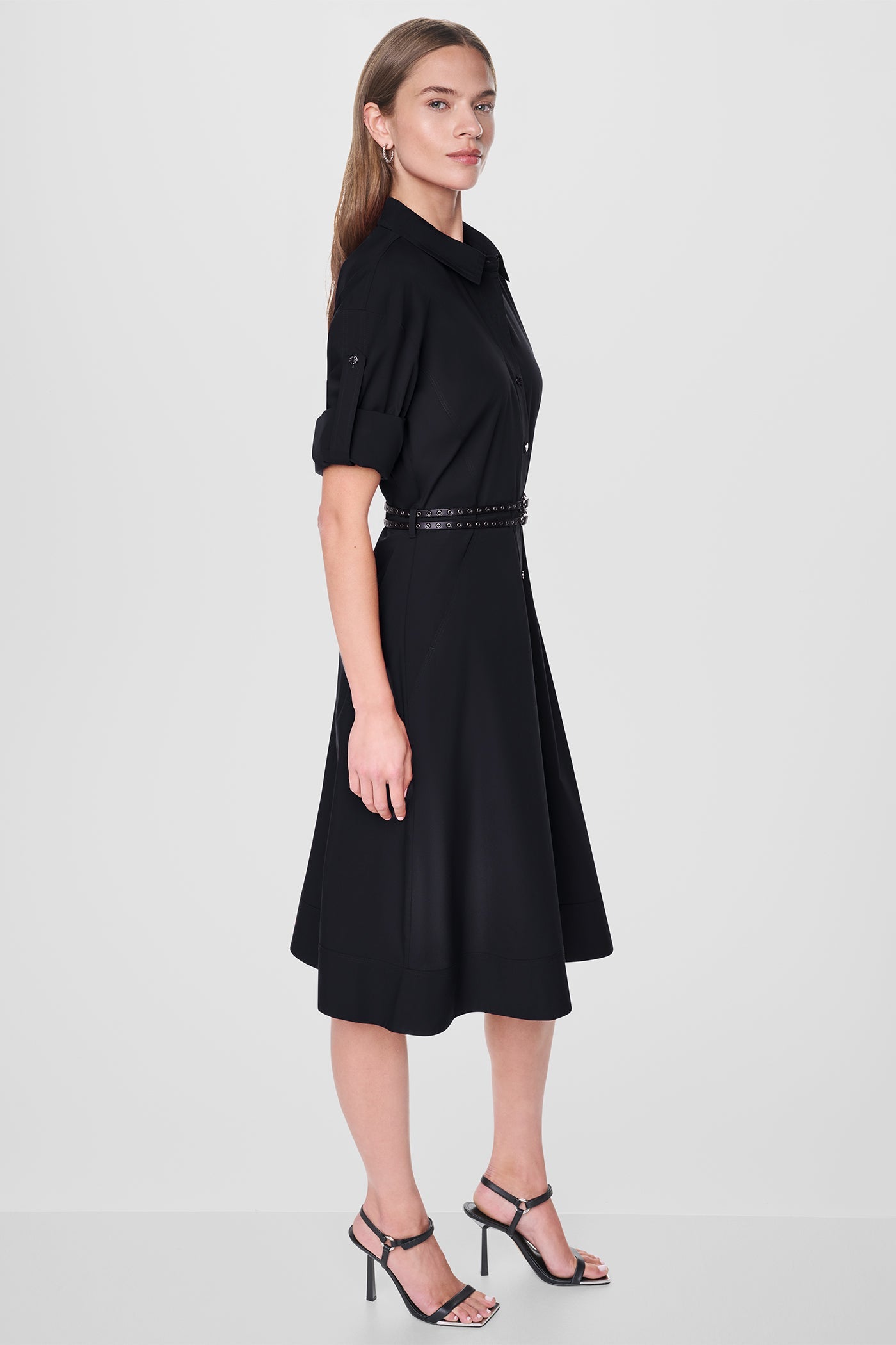 ROLL TAB BELTED POPLIN DRESS