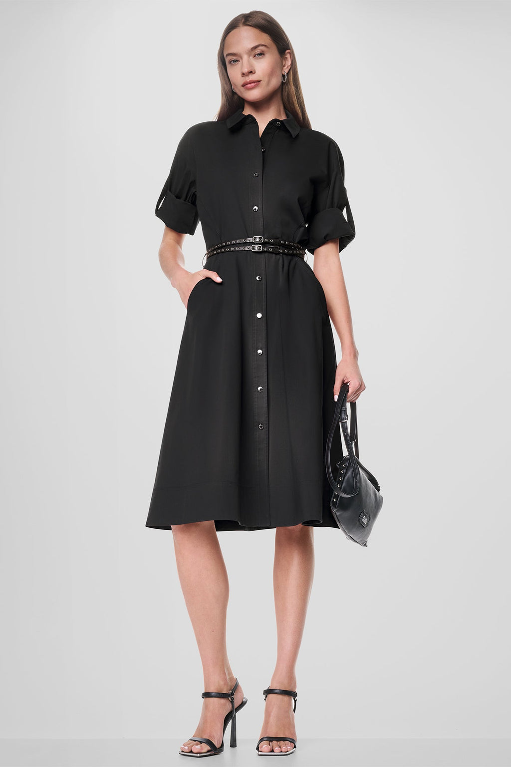 ROLL TAB BELTED POPLIN DRESS