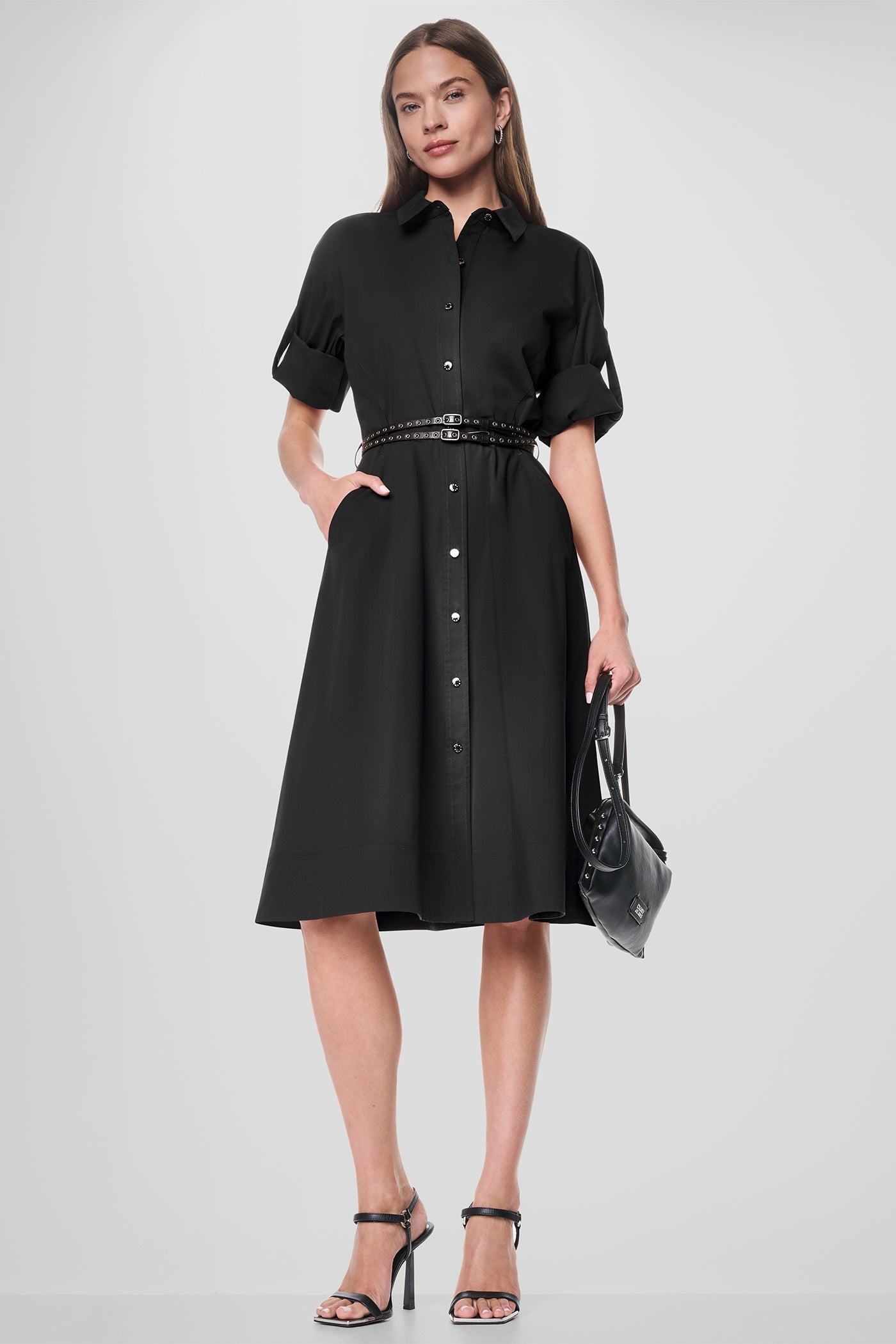 ROLL TAB BELTED POPLIN DRESS