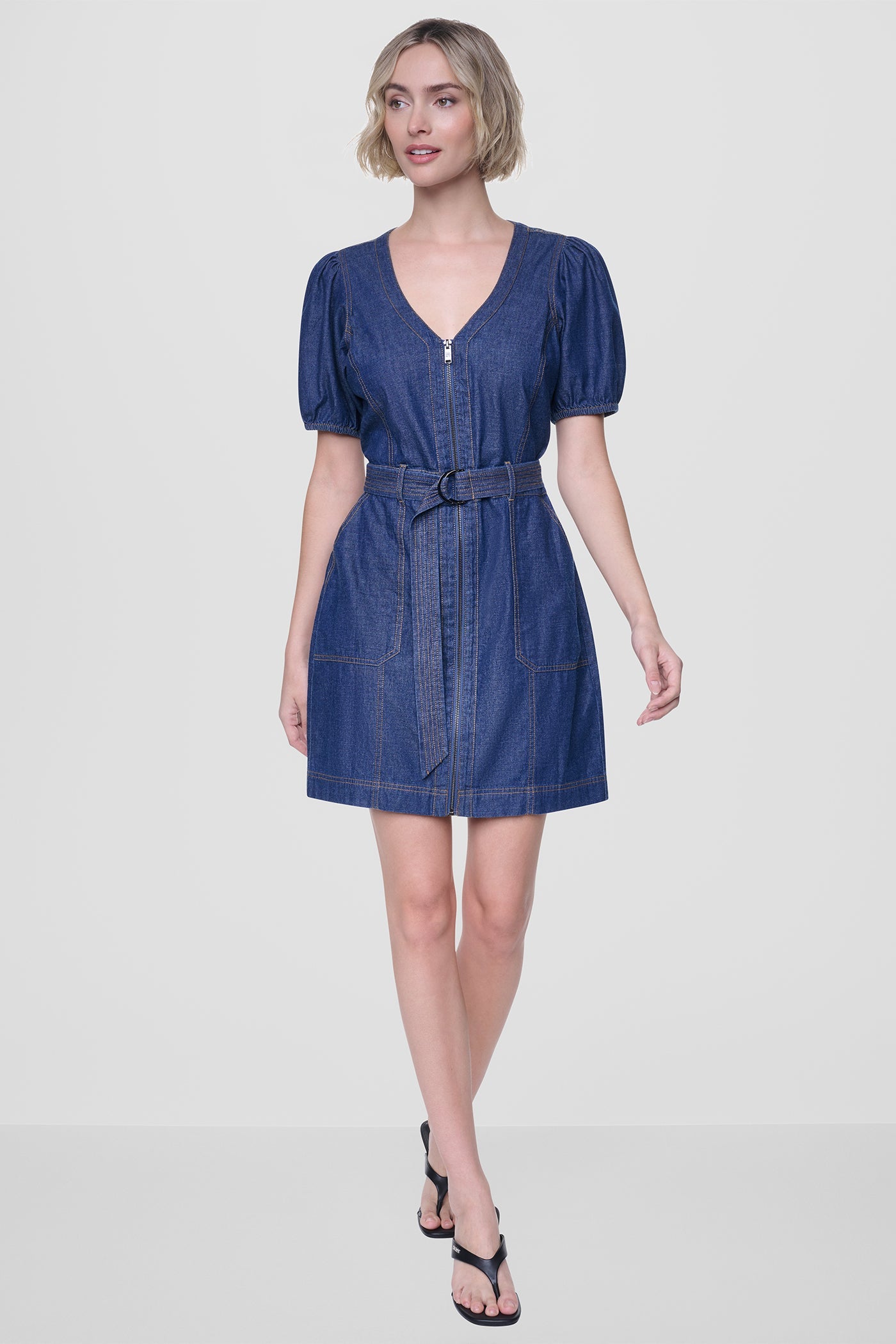 PUFF SLEEVE BELTED DENIM DRESS