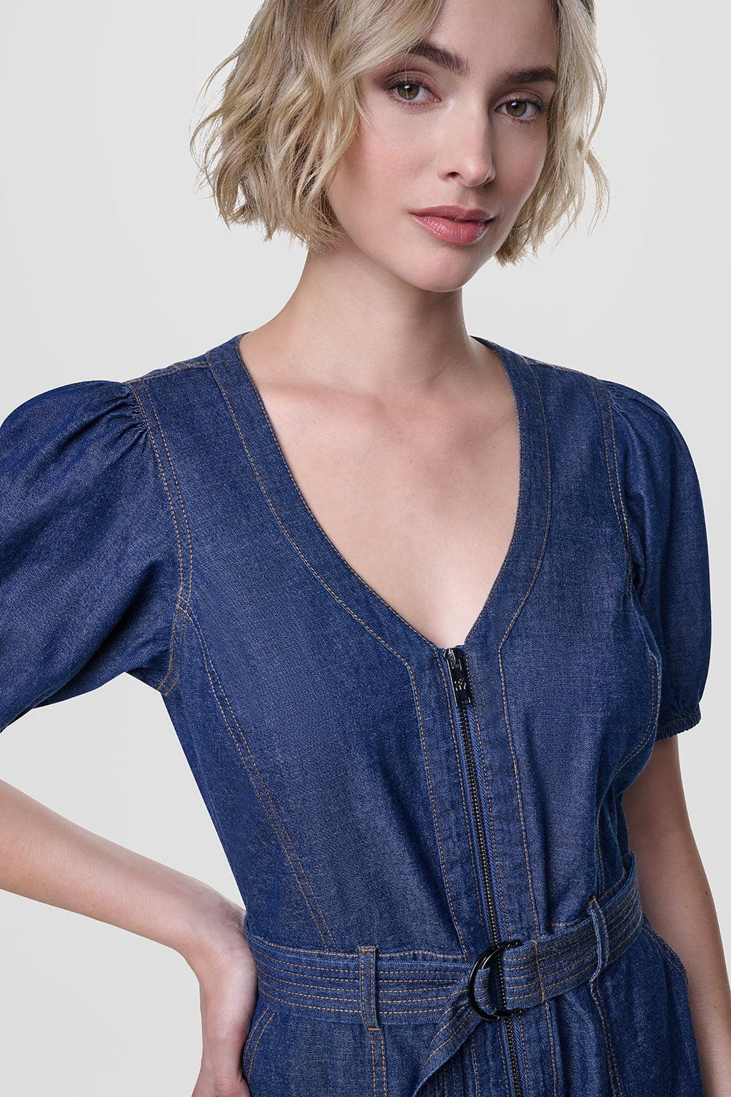 PUFF SLEEVE BELTED DENIM DRESS