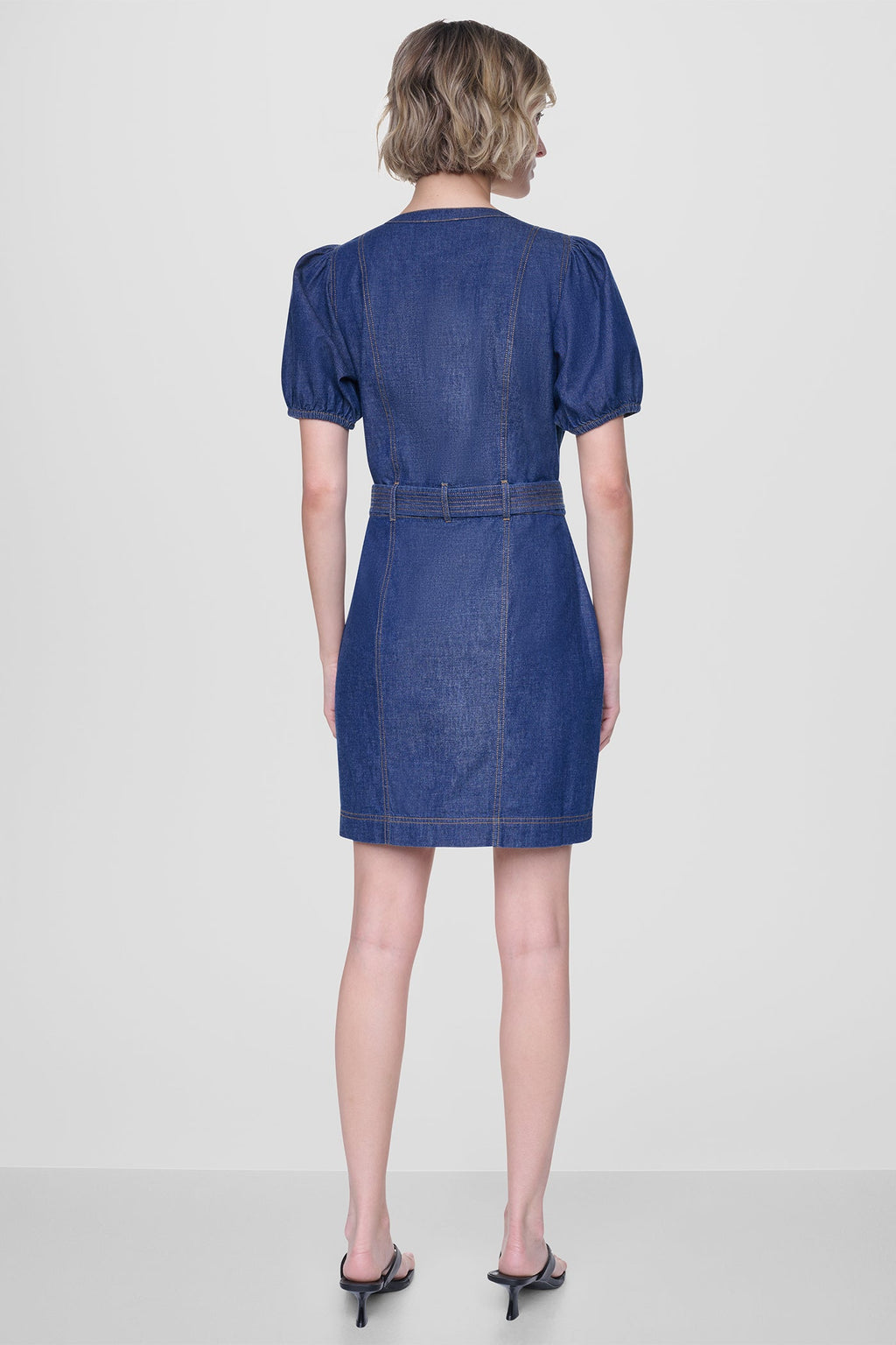 PUFF SLEEVE BELTED DENIM DRESS
