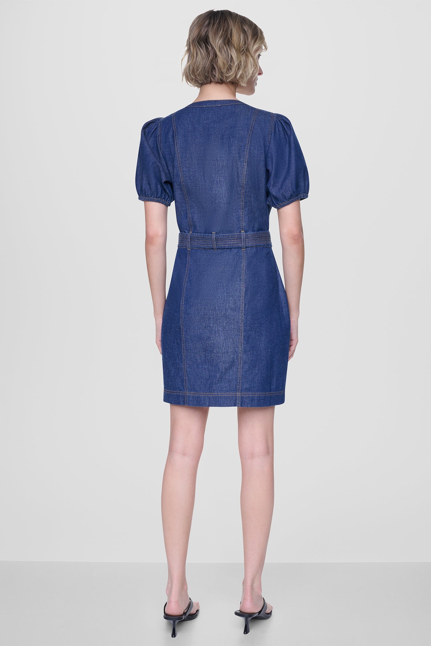 PUFF SLEEVE BELTED DENIM DRESS