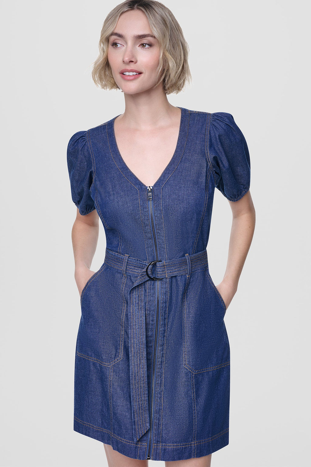 PUFF SLEEVE BELTED DENIM DRESS