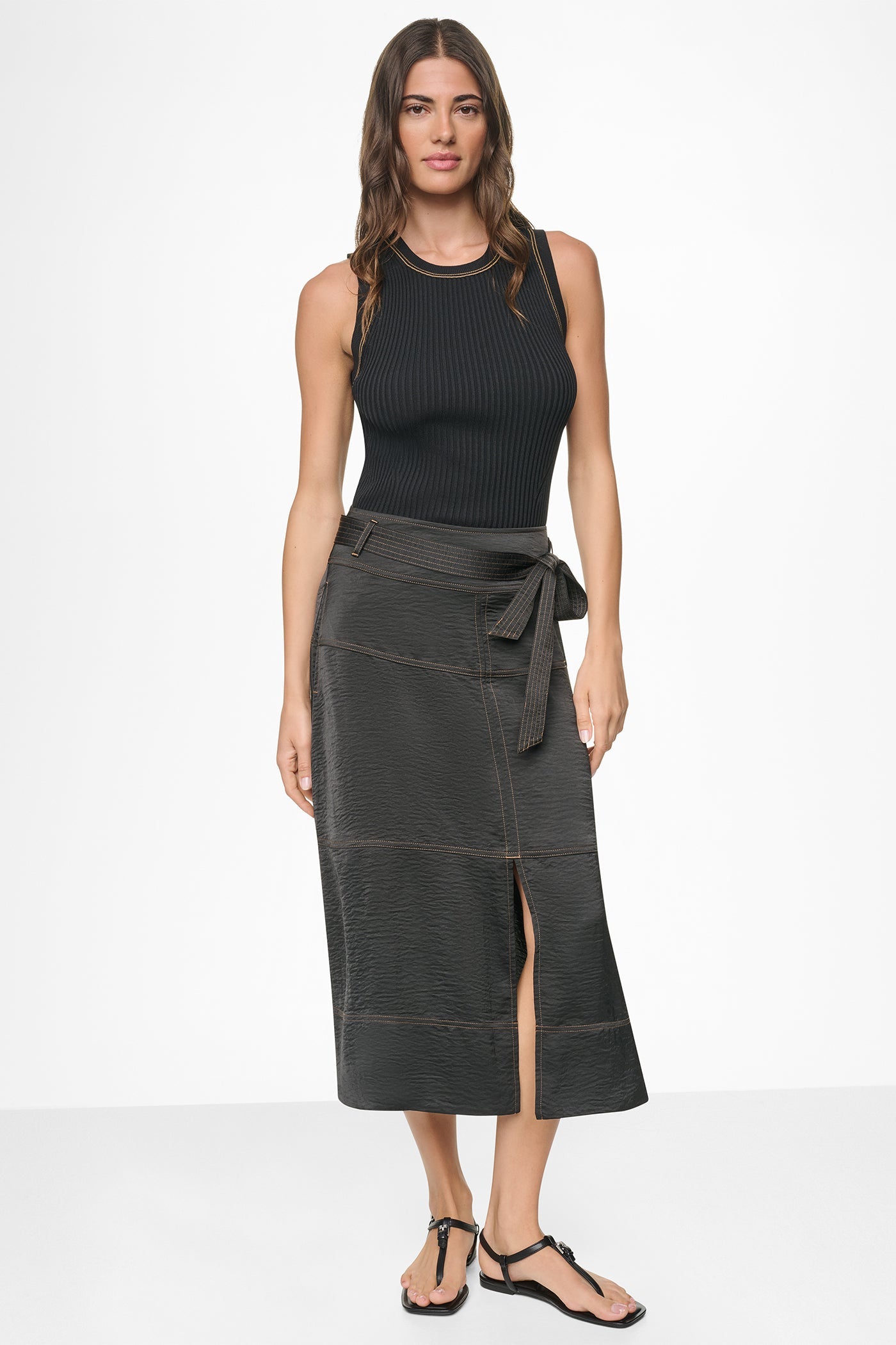 TIE WAIST CONTRAST STITCH MIDI SKIRT
