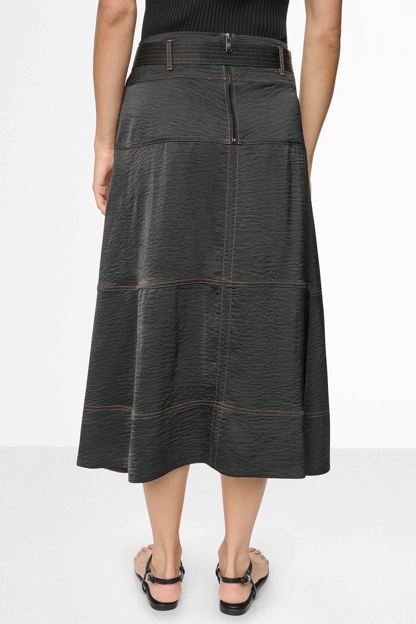 TIE WAIST CONTRAST STITCH MIDI SKIRT