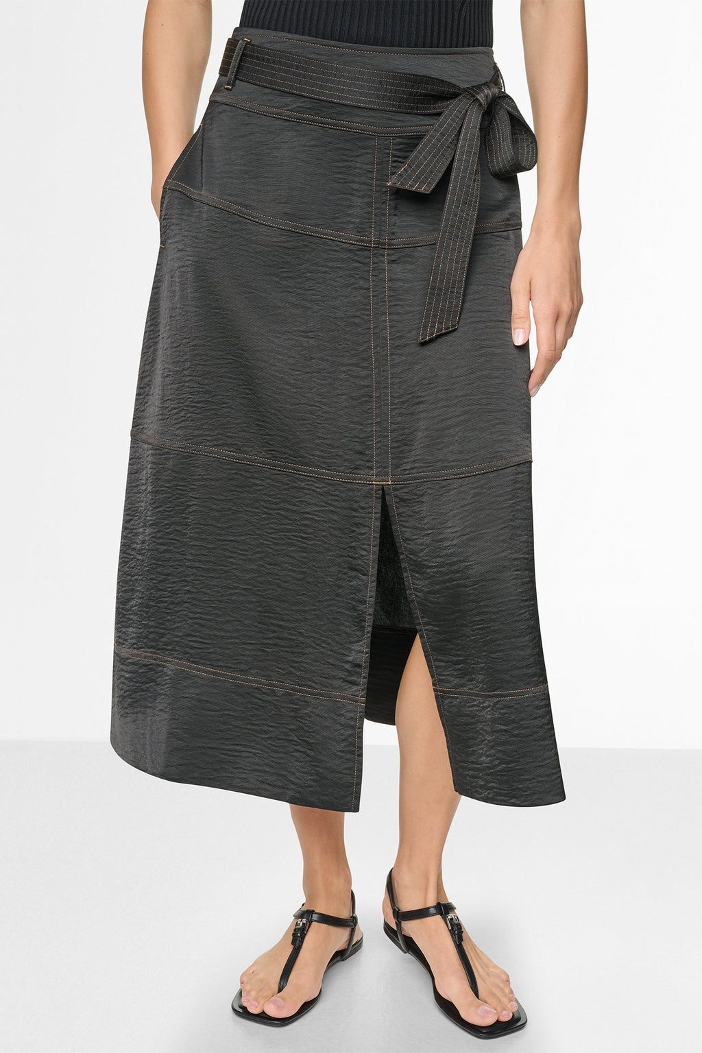 TIE WAIST CONTRAST STITCH MIDI SKIRT