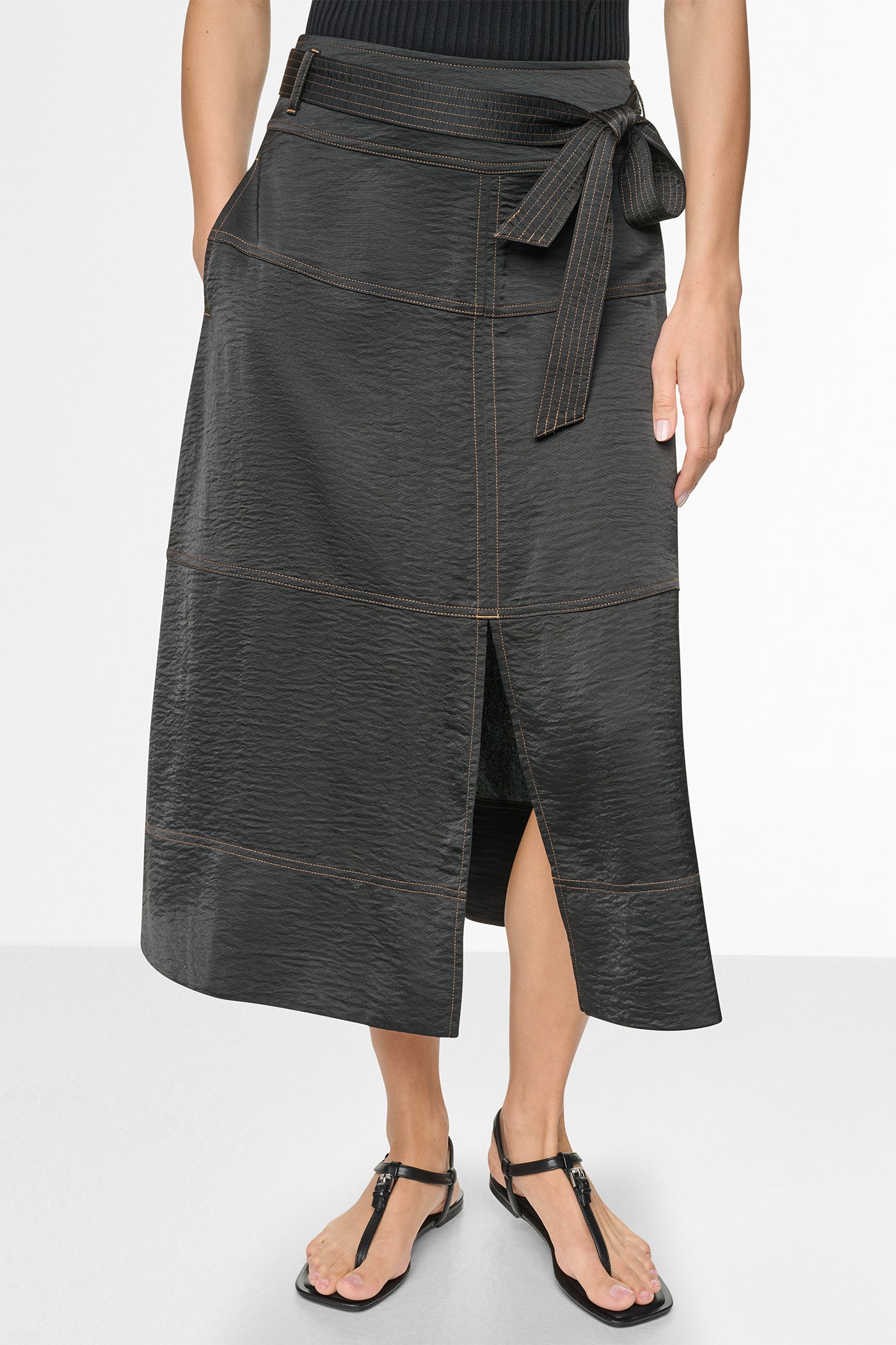 TIE WAIST CONTRAST STITCH MIDI SKIRT
