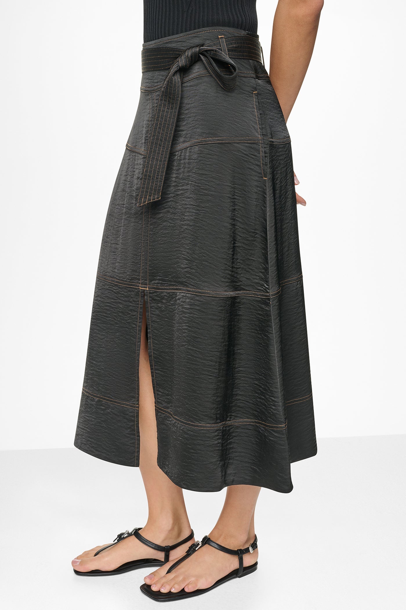 TIE WAIST CONTRAST STITCH MIDI SKIRT