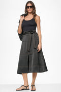 TIE WAIST CONTRAST STITCH MIDI SKIRT
