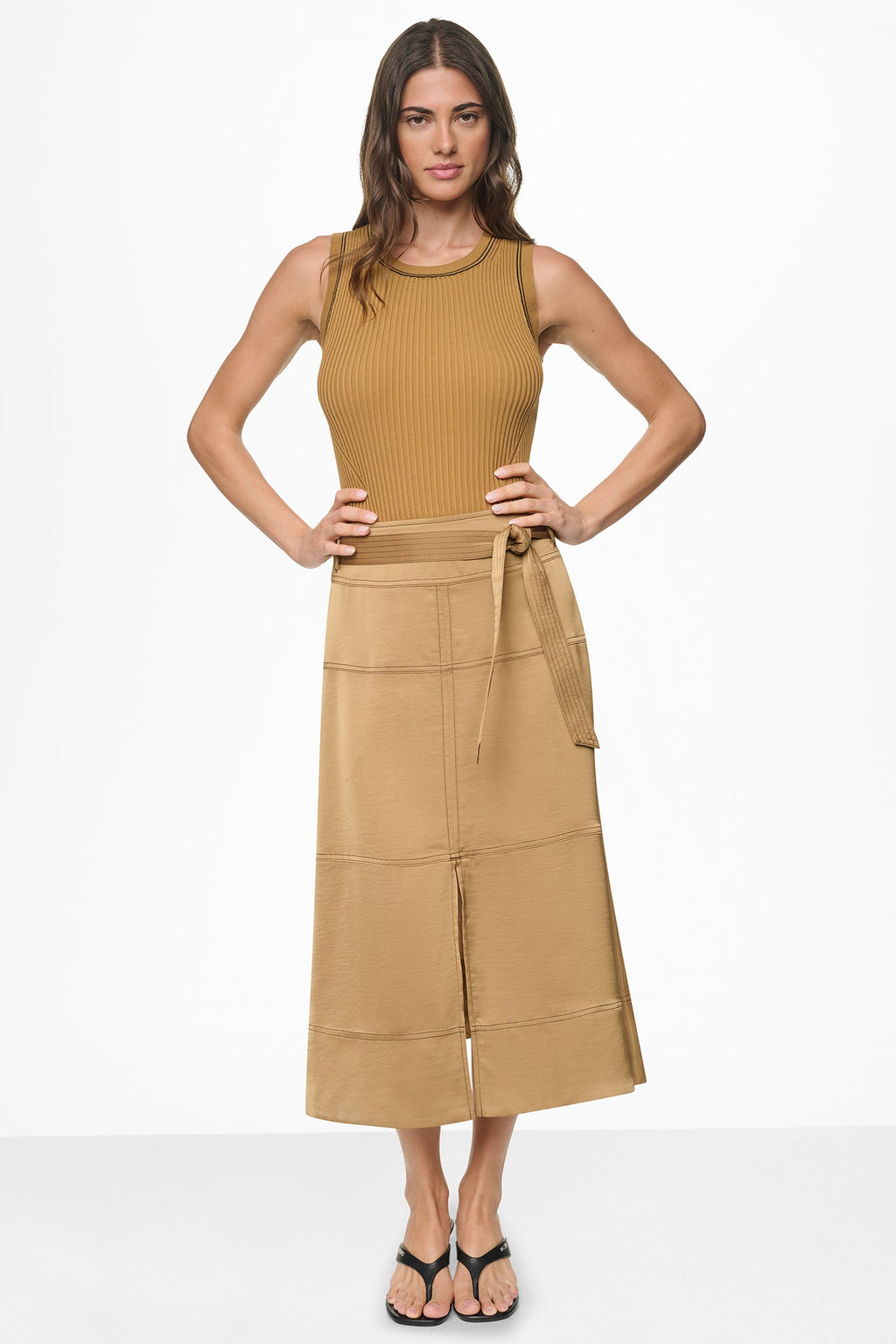 TIE WAIST CONTRAST STITCH MIDI SKIRT