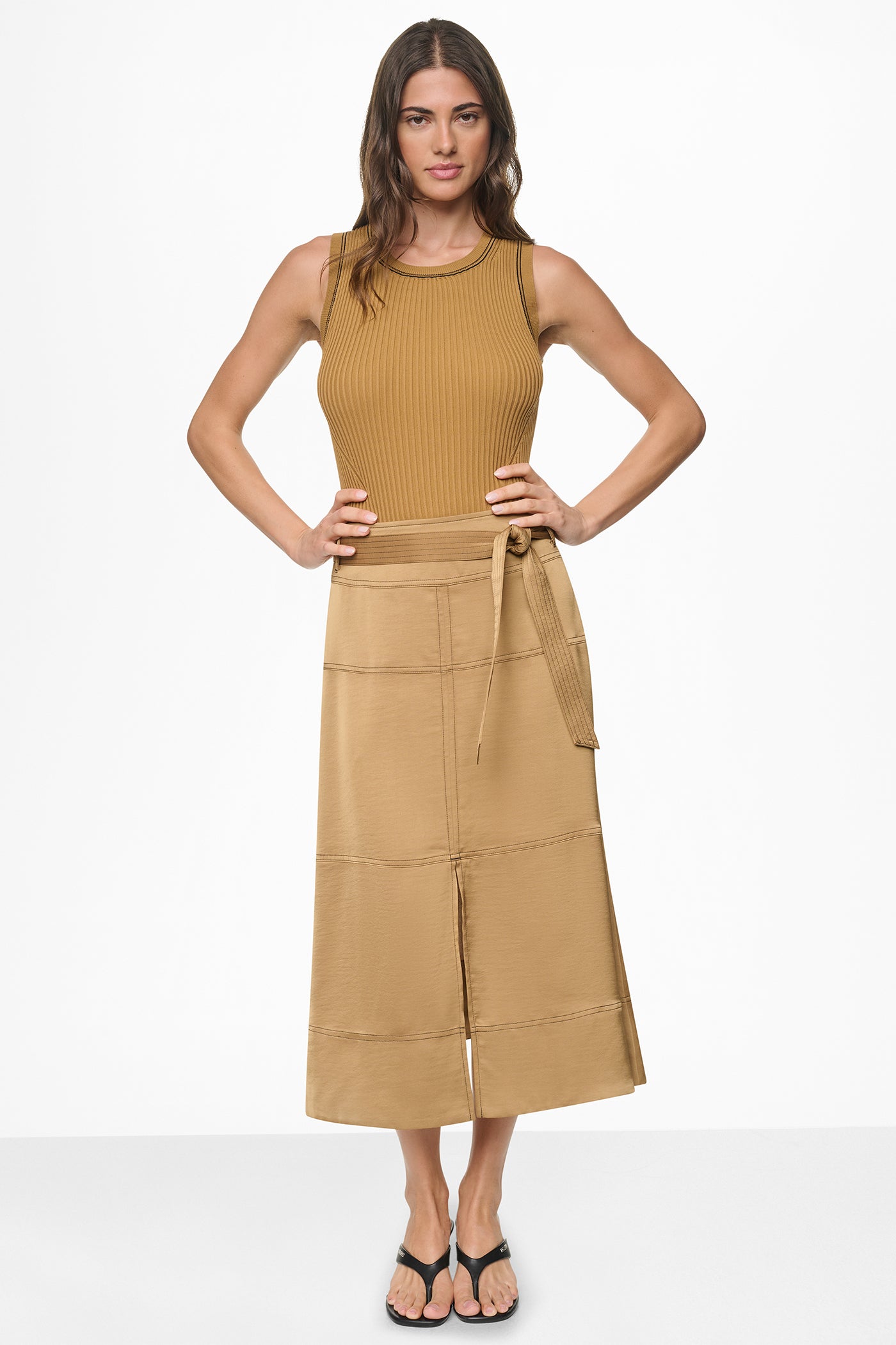 TIE WAIST CONTRAST STITCH MIDI SKIRT