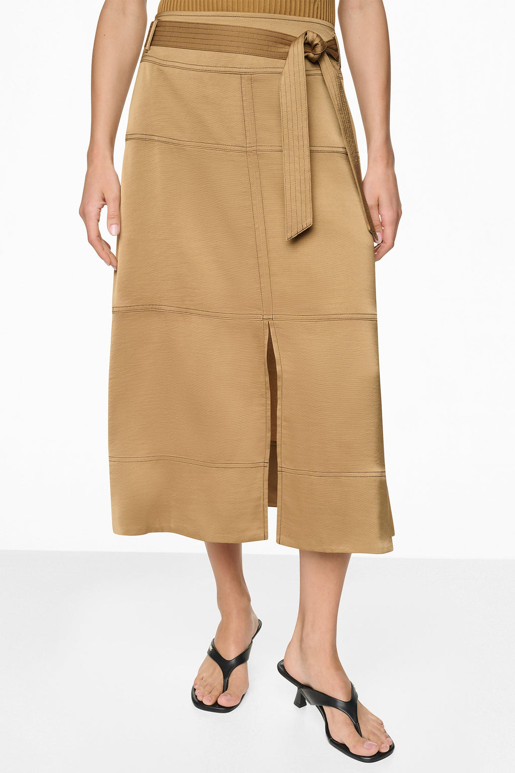 TIE WAIST CONTRAST STITCH MIDI SKIRT