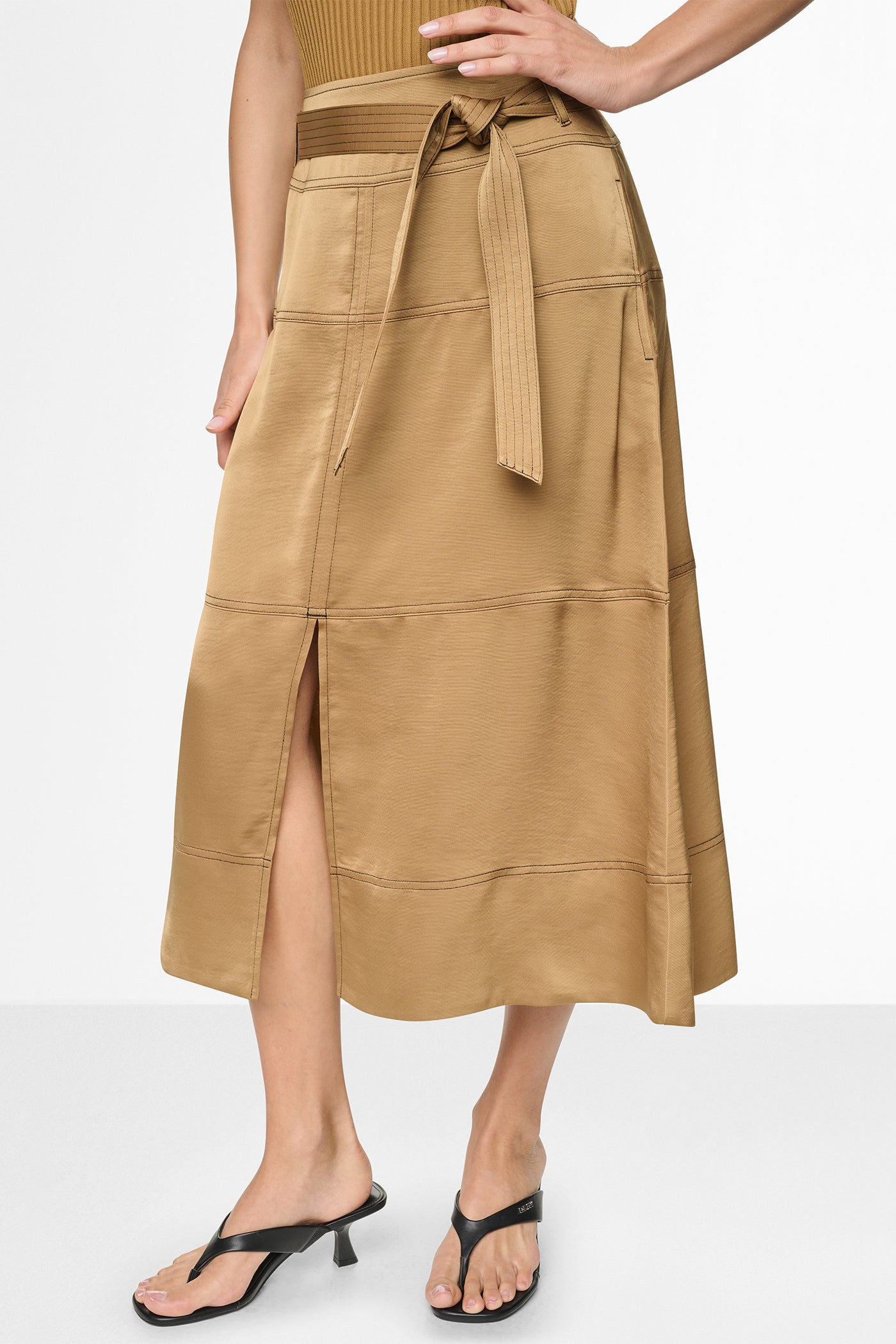 TIE WAIST CONTRAST STITCH MIDI SKIRT
