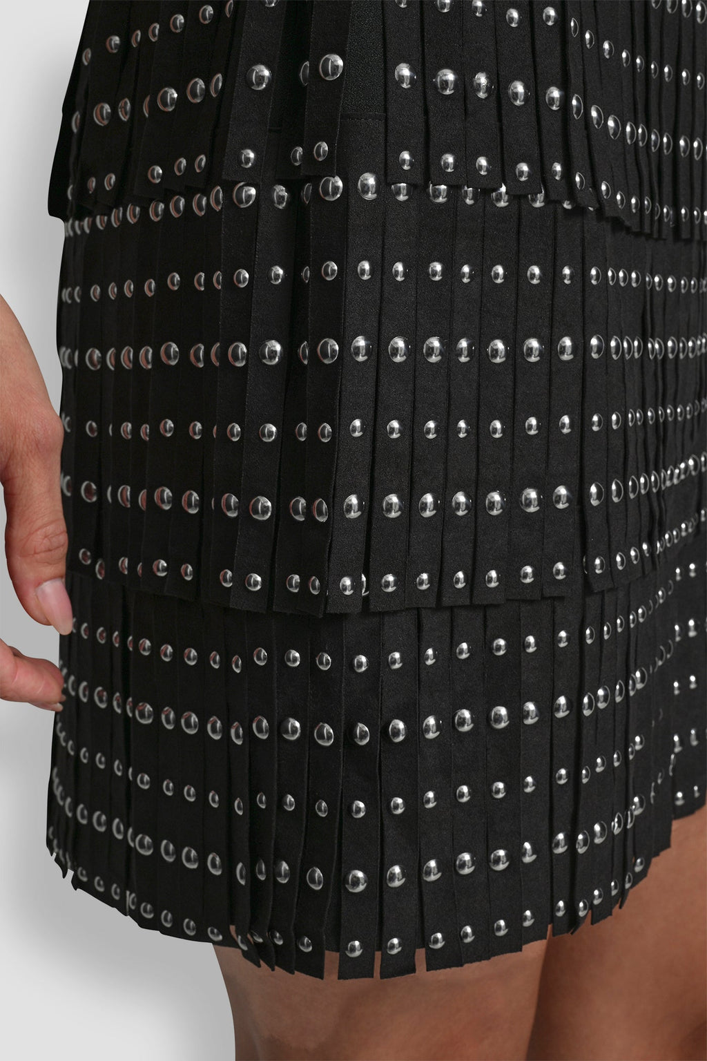 FAUX SUEDE STUDDED FRINGE MINI SKIRT