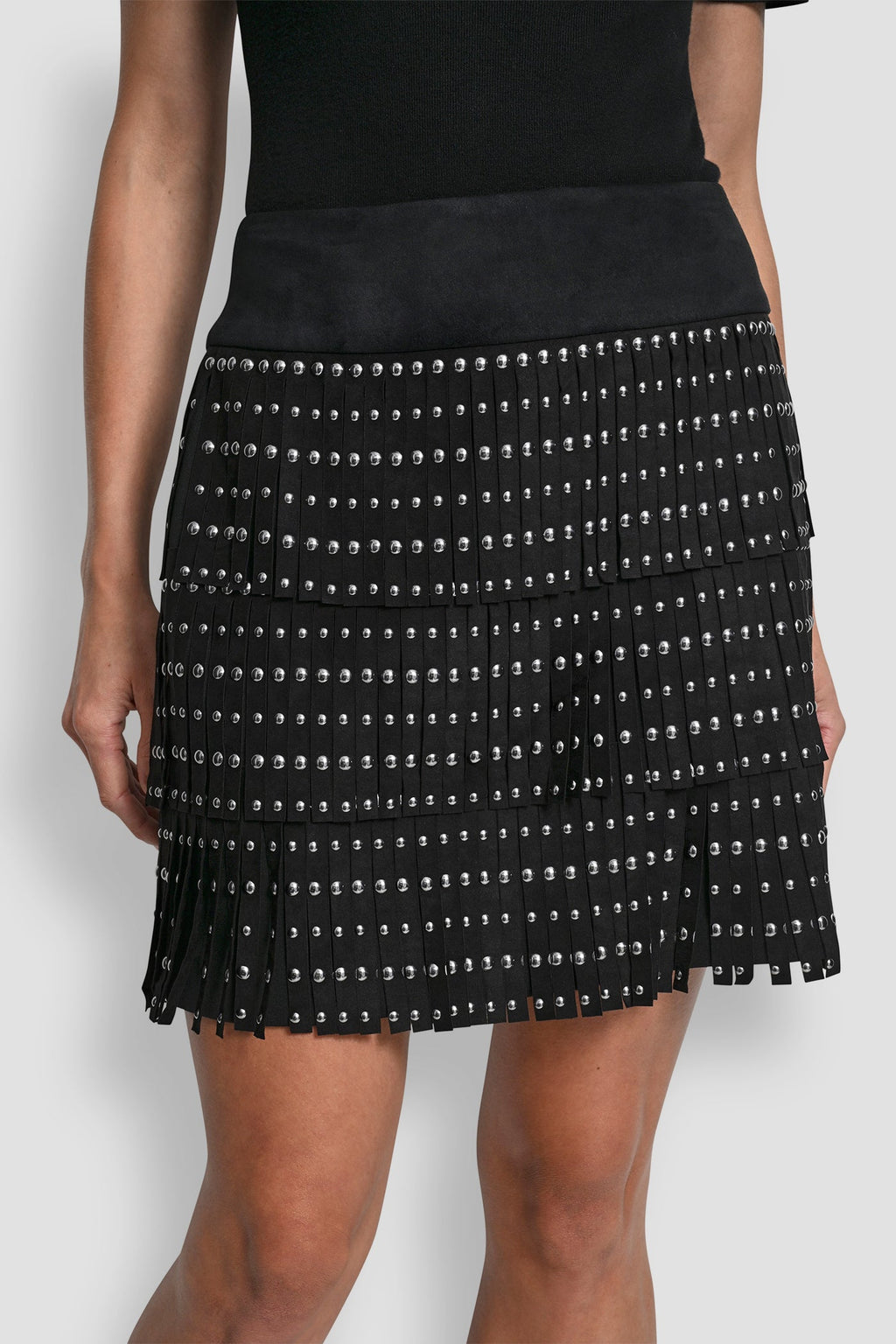 FAUX SUEDE STUDDED FRINGE MINI SKIRT