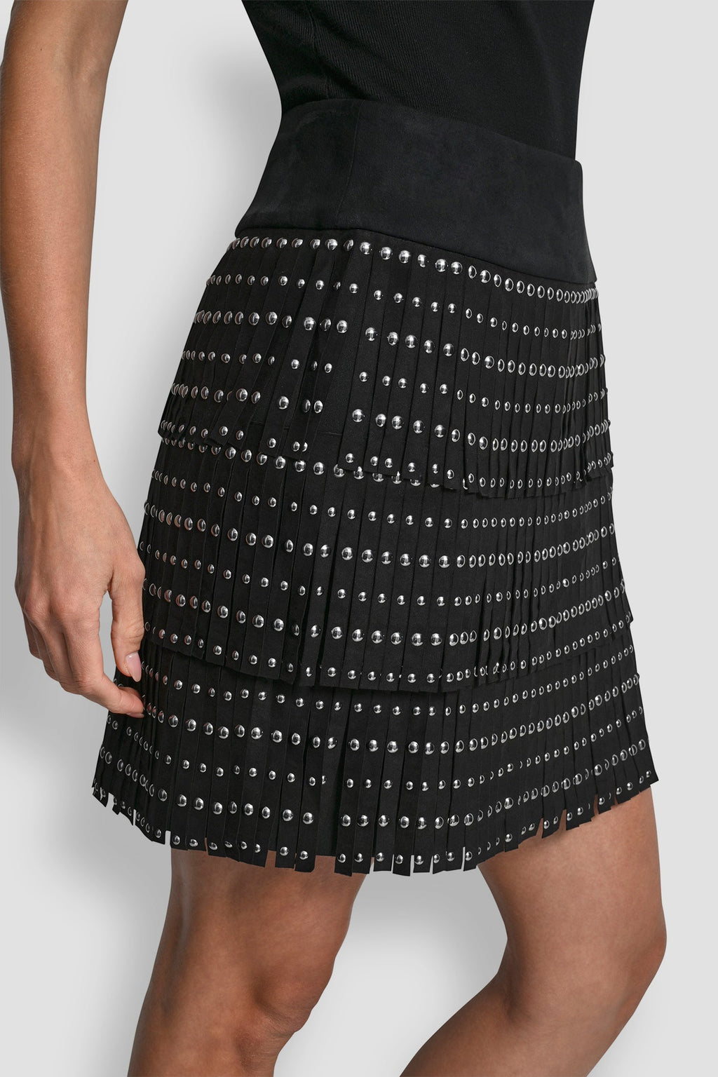 FAUX SUEDE STUDDED FRINGE MINI SKIRT