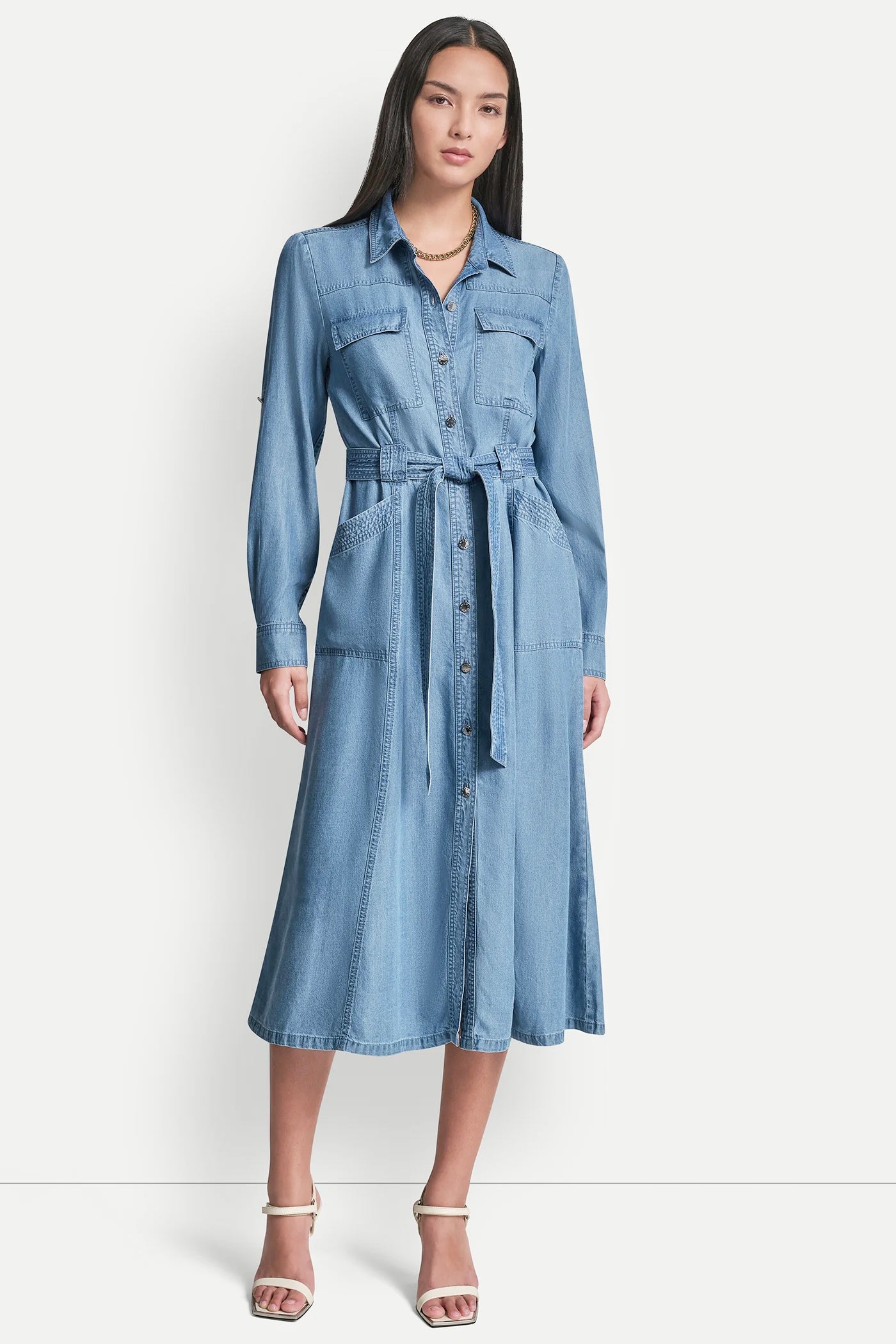 LONG SLEEVE ROLL TAB TENCEL CARGO DRESS