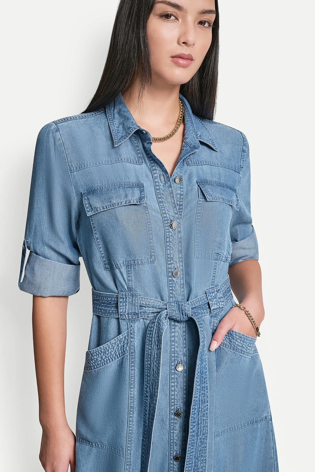 LONG SLEEVE ROLL TAB TENCEL CARGO DRESS