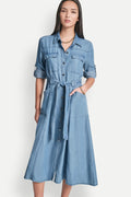 LONG SLEEVE ROLL TAB TENCEL CARGO DRESS