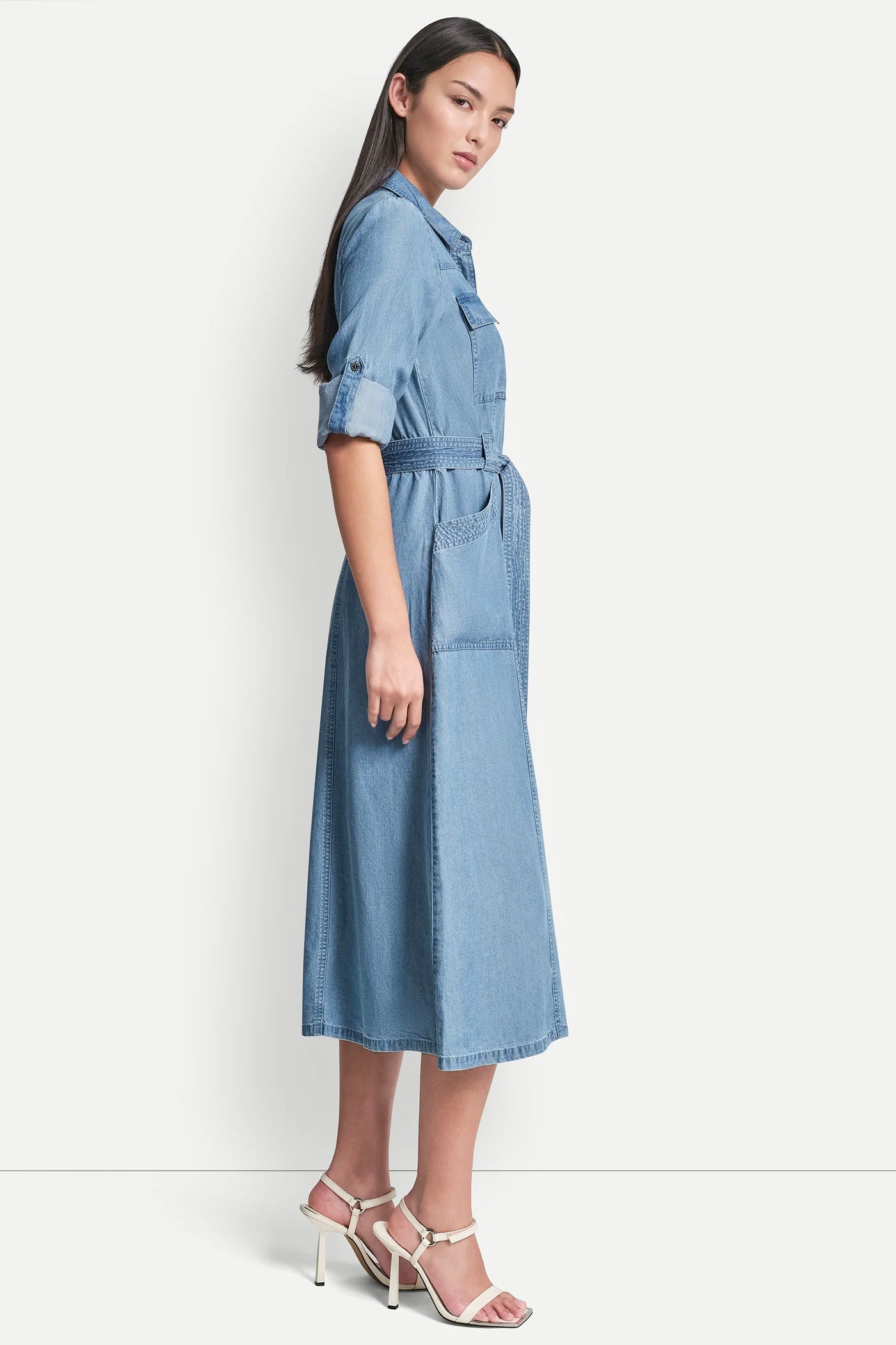 LONG SLEEVE ROLL TAB TENCEL CARGO DRESS