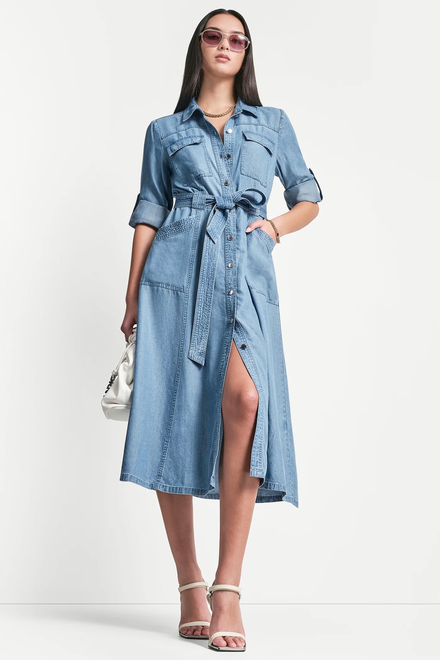 LONG SLEEVE ROLL TAB TENCEL CARGO DRESS