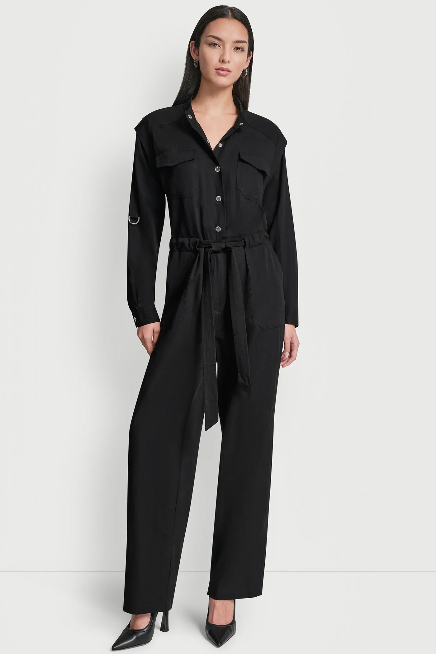 COLLARLESS BUTTON-FRONT JUMPSUIT