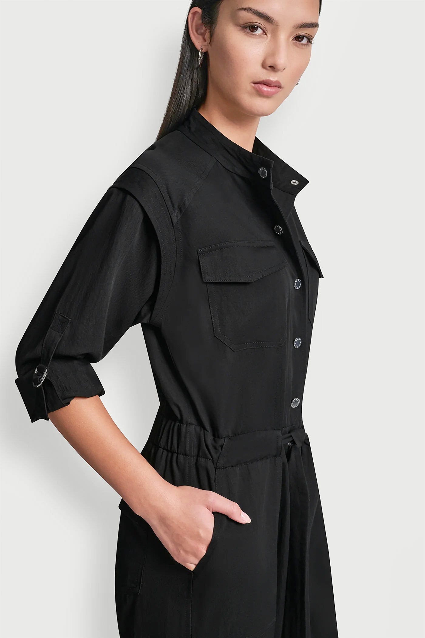 COLLARLESS BUTTON-FRONT JUMPSUIT