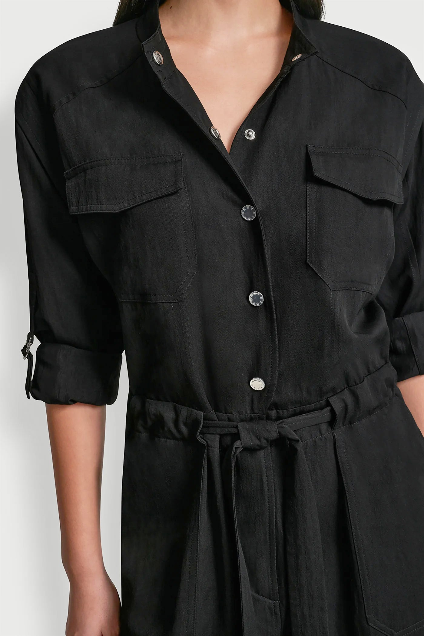 COLLARLESS BUTTON-FRONT JUMPSUIT