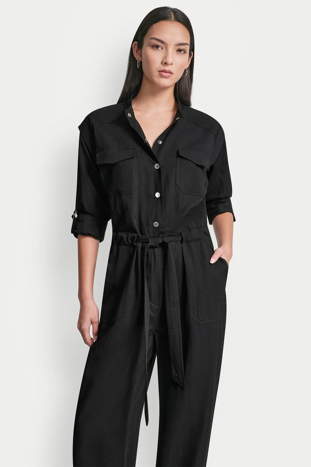 COLLARLESS BUTTON-FRONT JUMPSUIT