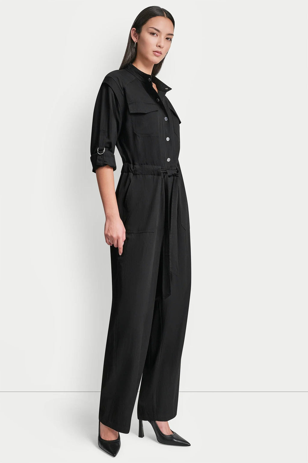COLLARLESS BUTTON-FRONT JUMPSUIT