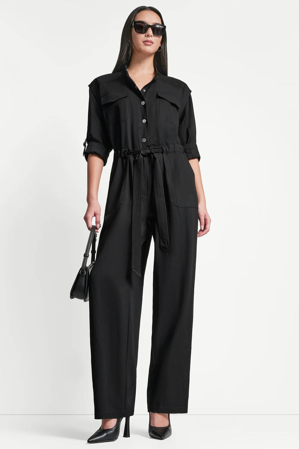 COLLARLESS BUTTON-FRONT JUMPSUIT