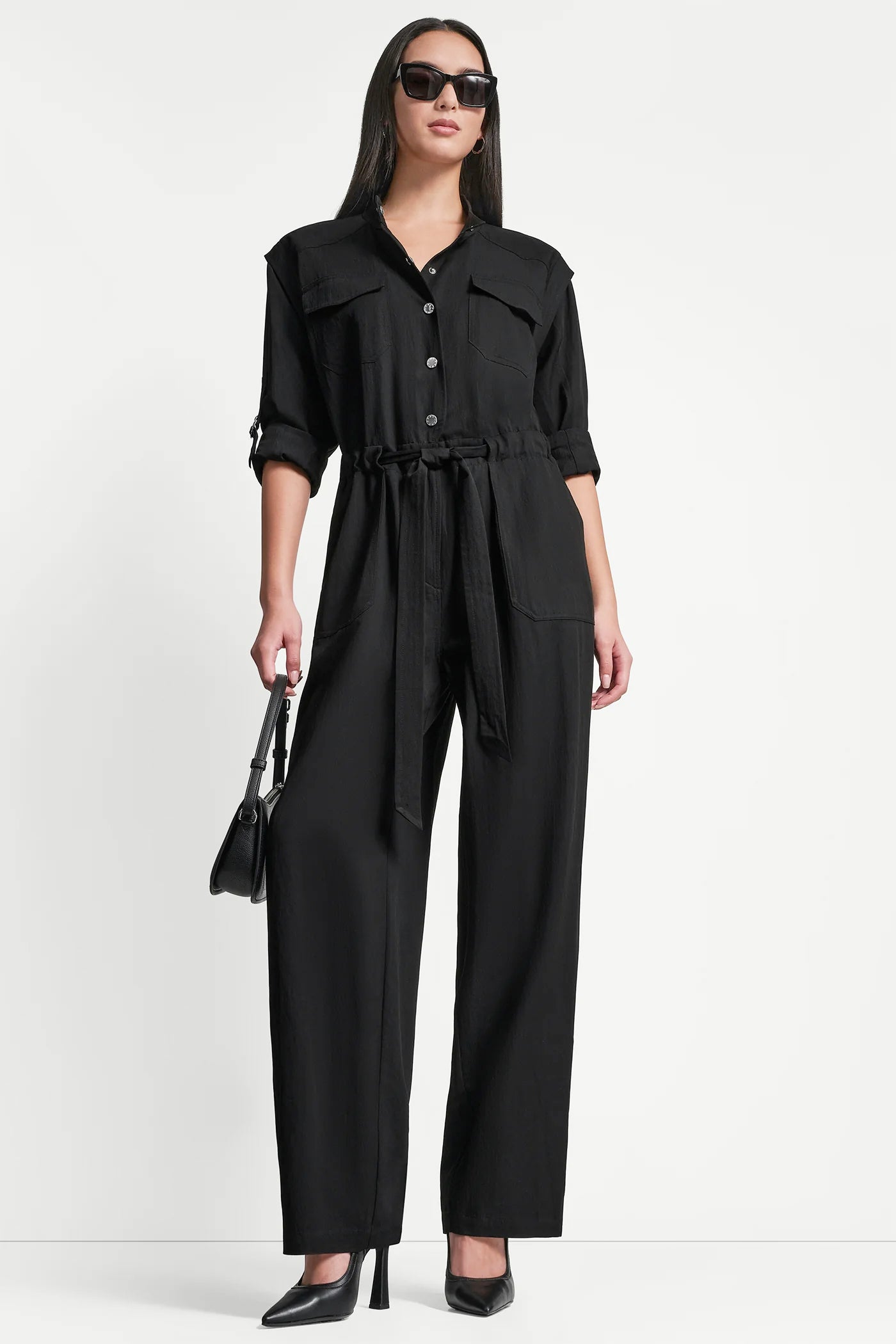 COLLARLESS BUTTON-FRONT JUMPSUIT
