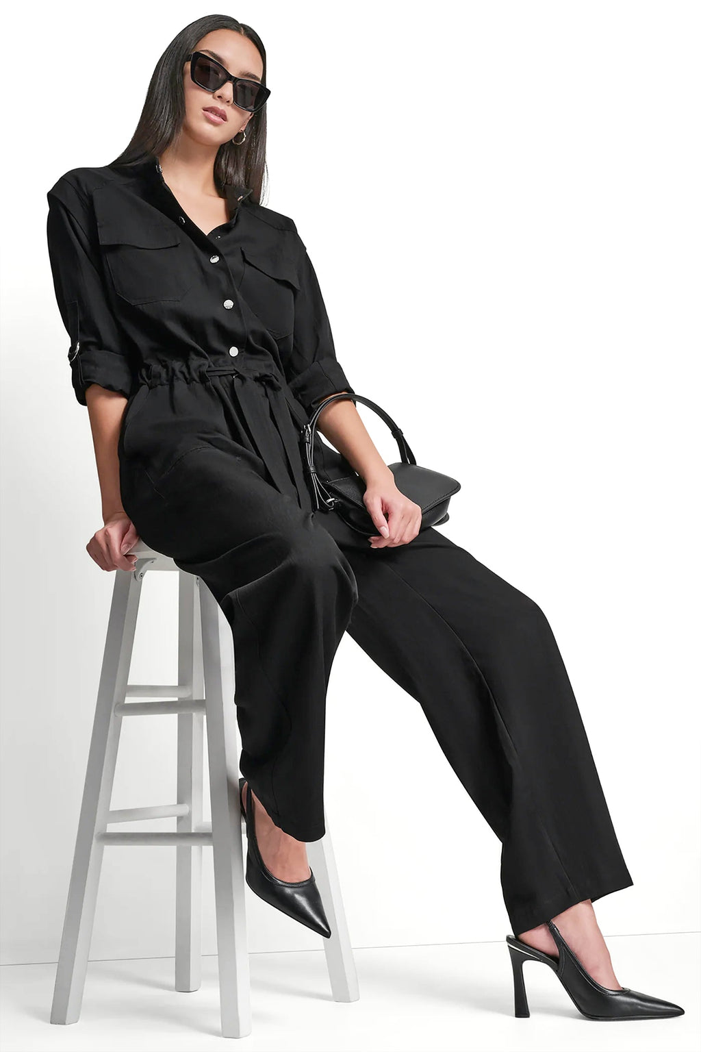 COLLARLESS BUTTON-FRONT JUMPSUIT