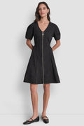 V-NECK PLEATED FIT & FLARE DRESS
