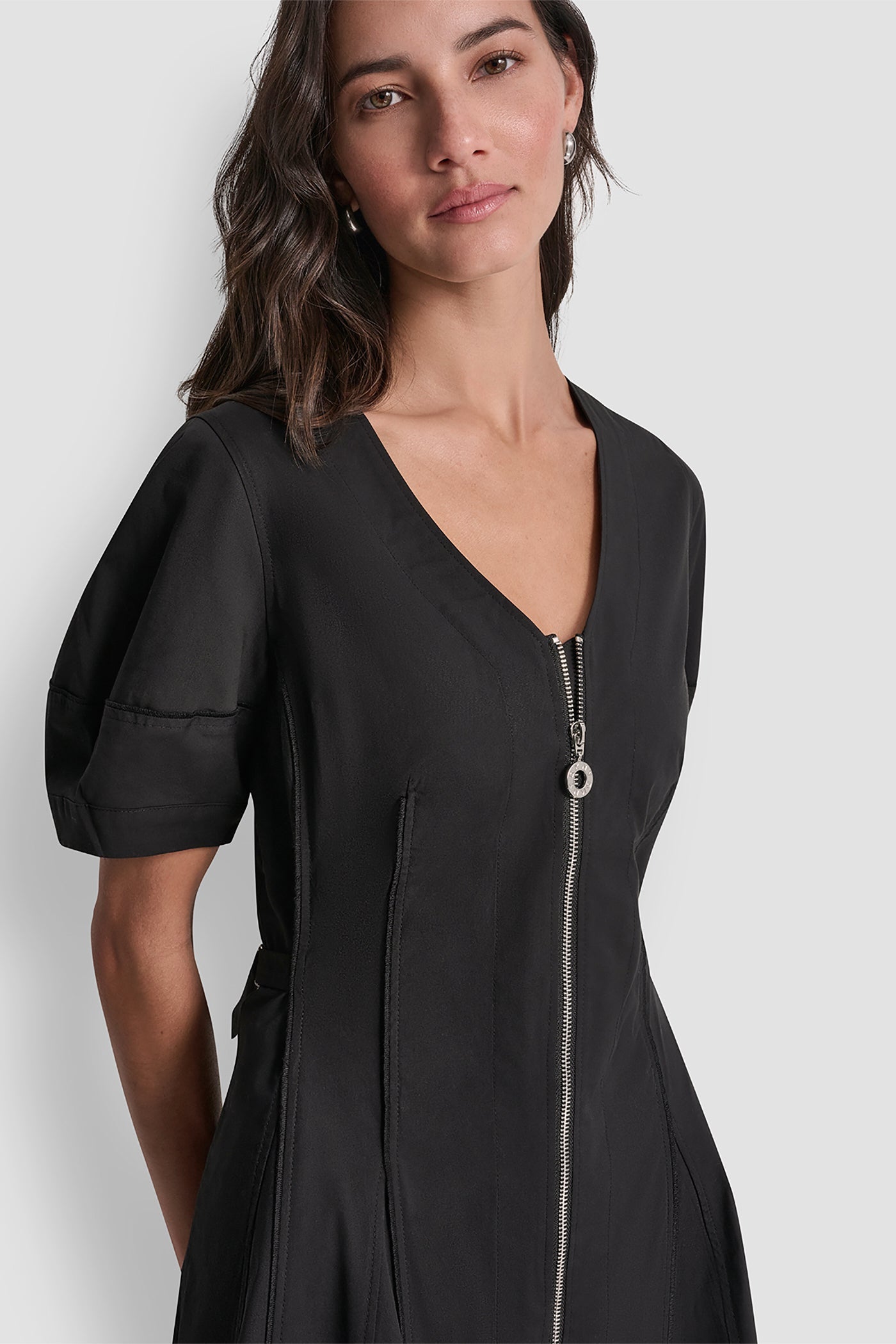 V-NECK PLEATED FIT & FLARE DRESS
