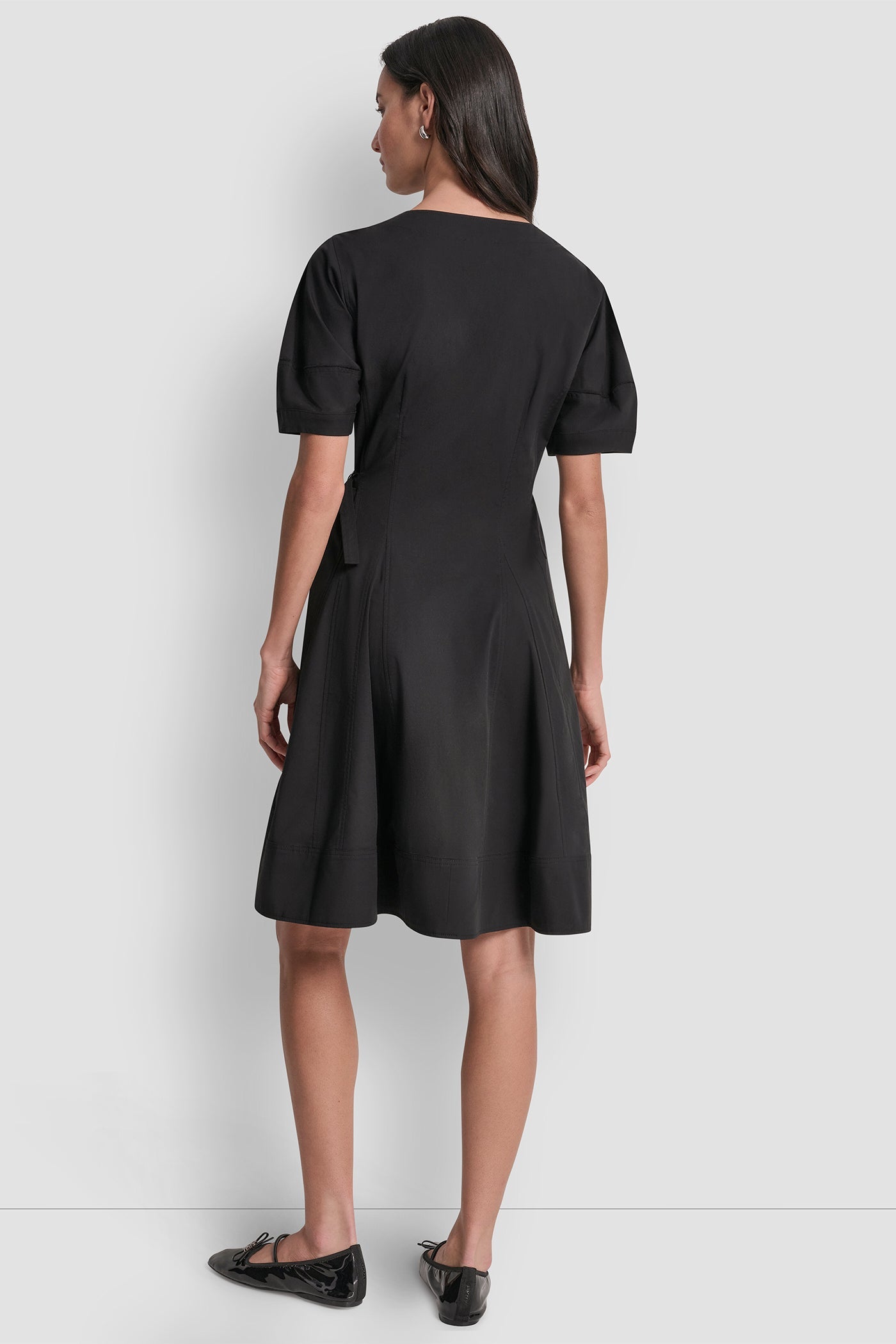 V-NECK PLEATED FIT & FLARE DRESS