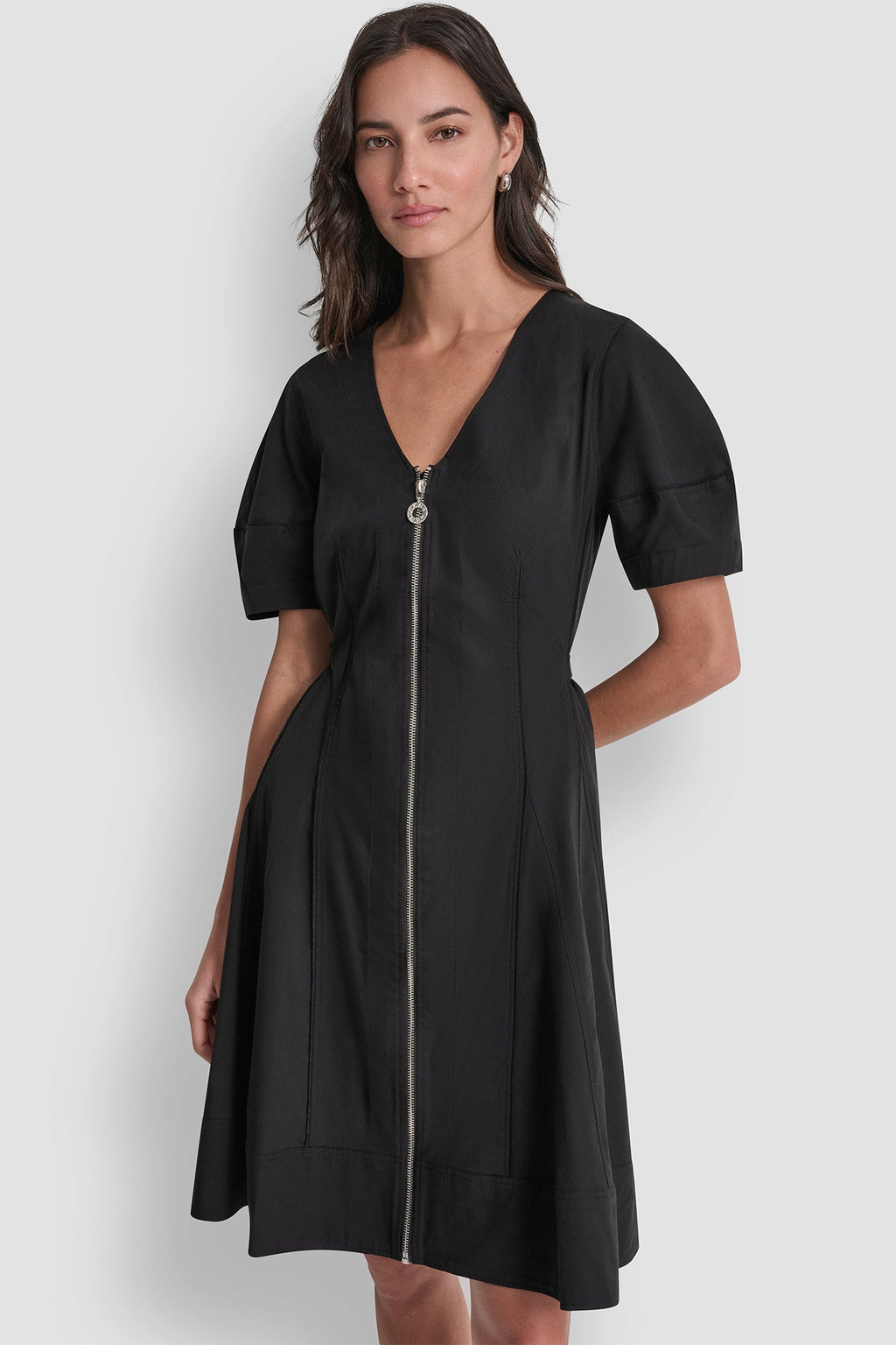 V-NECK PLEATED FIT & FLARE DRESS