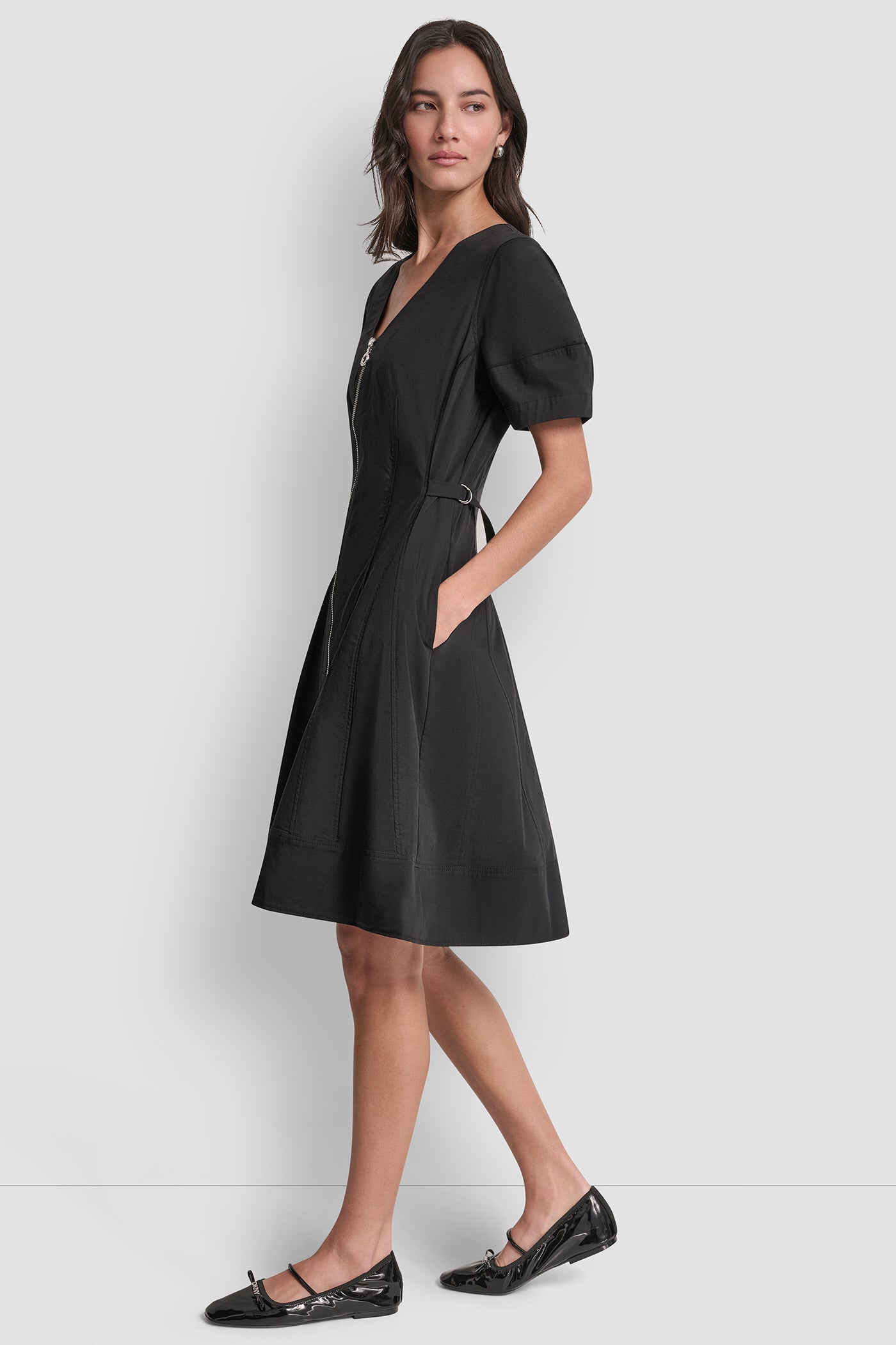 V-NECK PLEATED FIT & FLARE DRESS