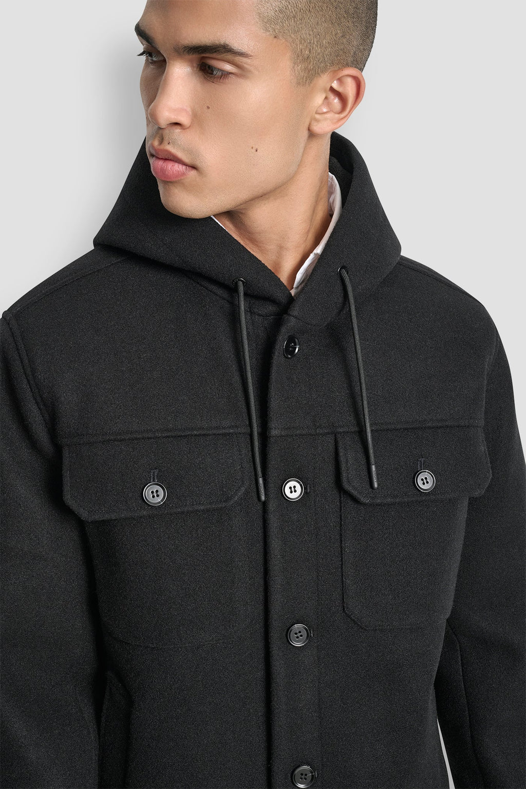 FAUX WOOL HOODED SHIRT JACKET