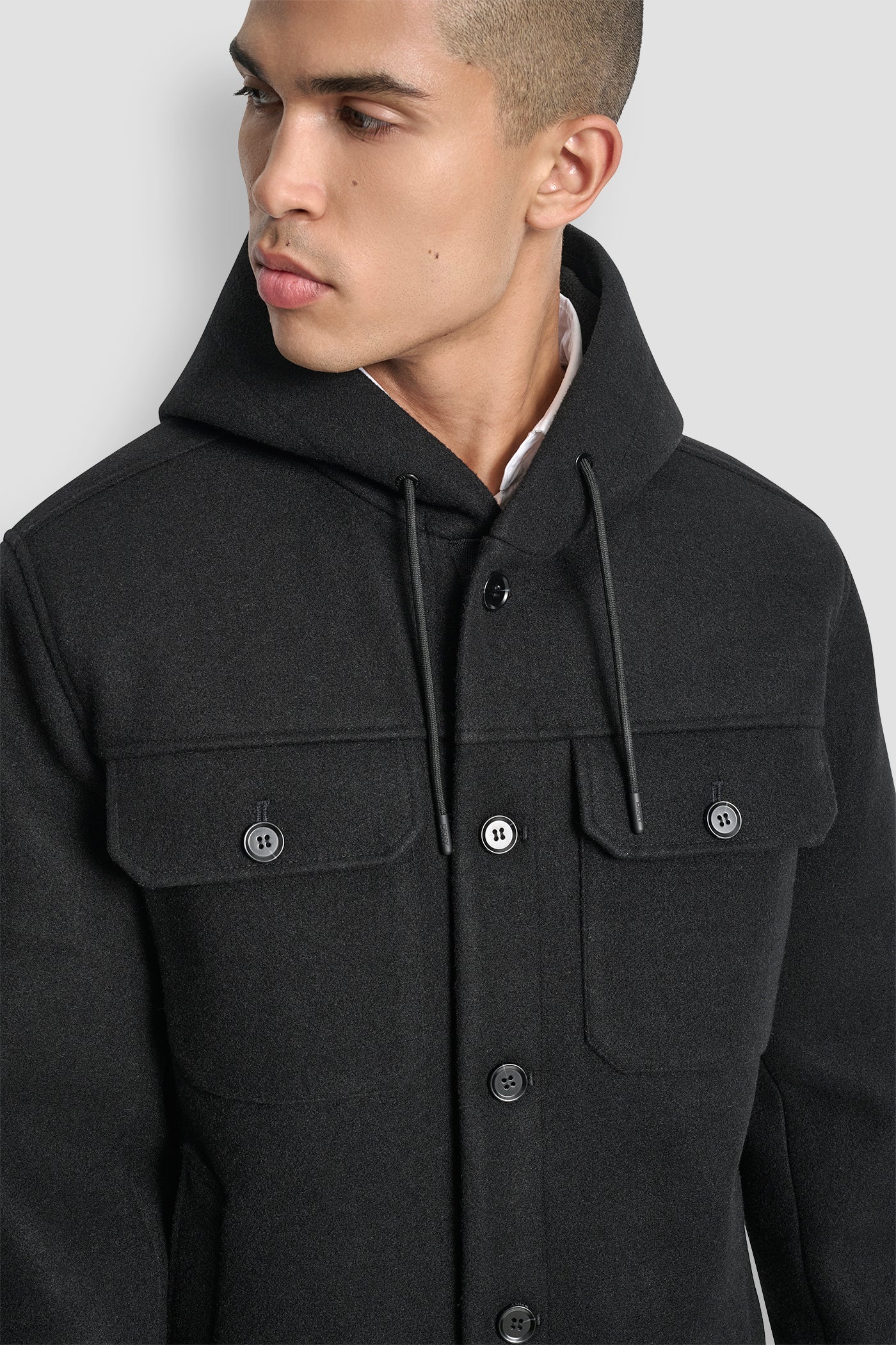 FAUX WOOL HOODED SHIRT JACKET
