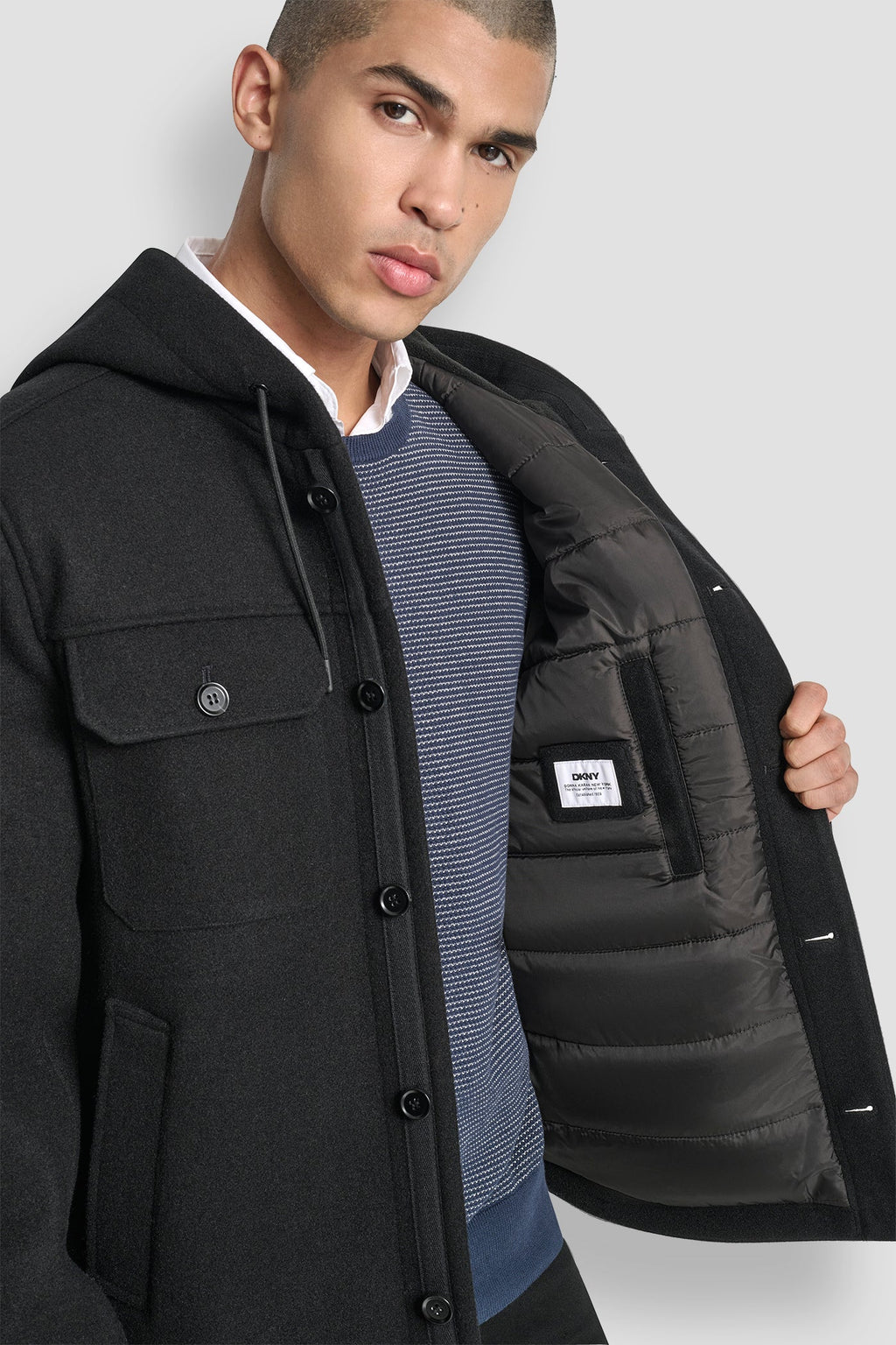 FAUX WOOL HOODED SHIRT JACKET