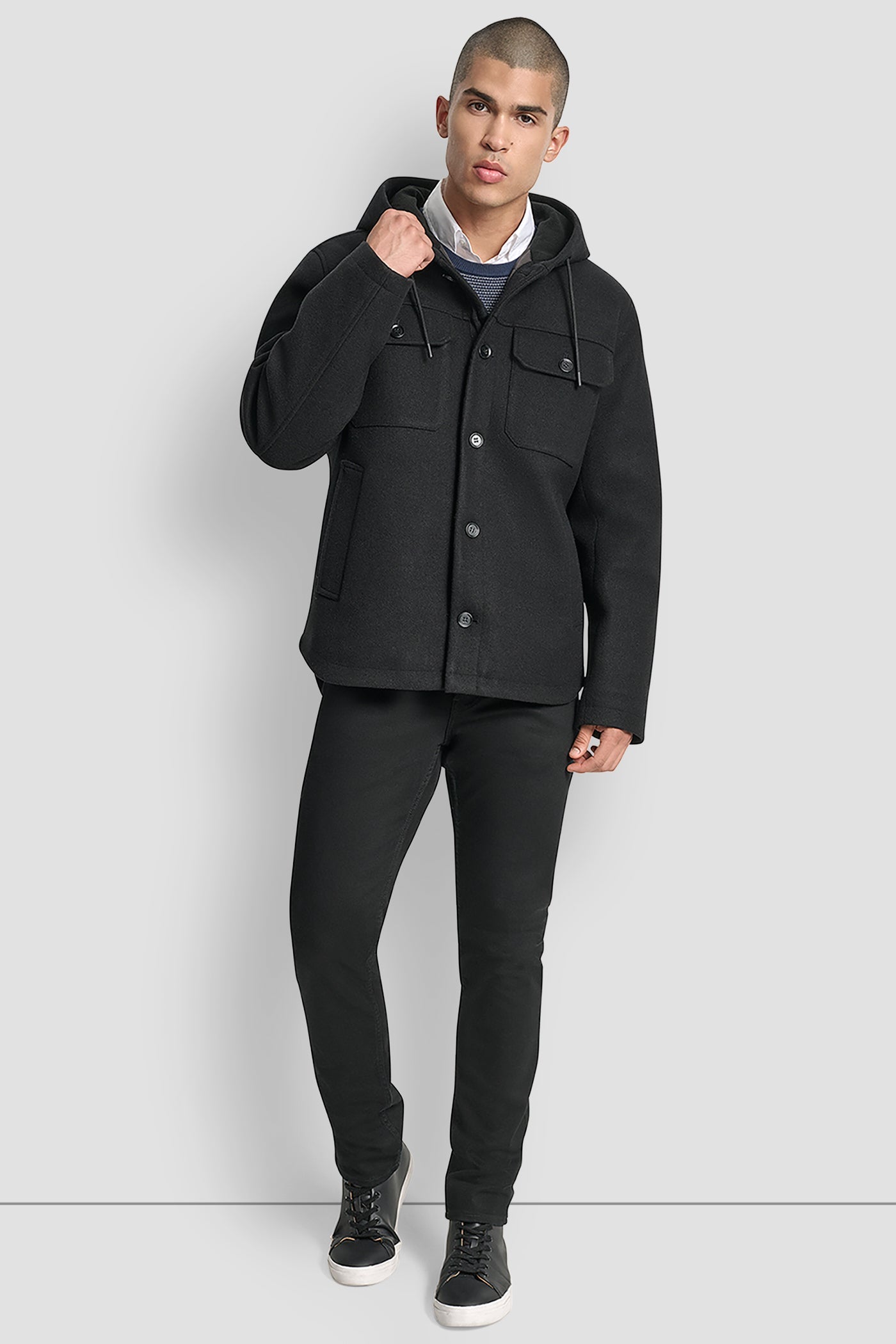 FAUX WOOL HOODED SHIRT JACKET