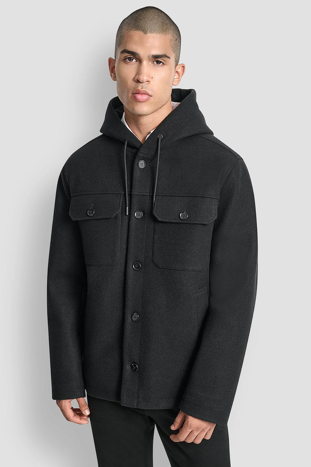 FAUX WOOL HOODED SHIRT JACKET